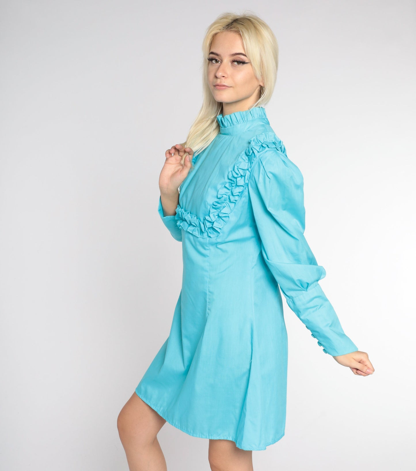 70s Blue Babydoll Mini Dress Empire Waist High Neck Puff Sleeve Small Medium