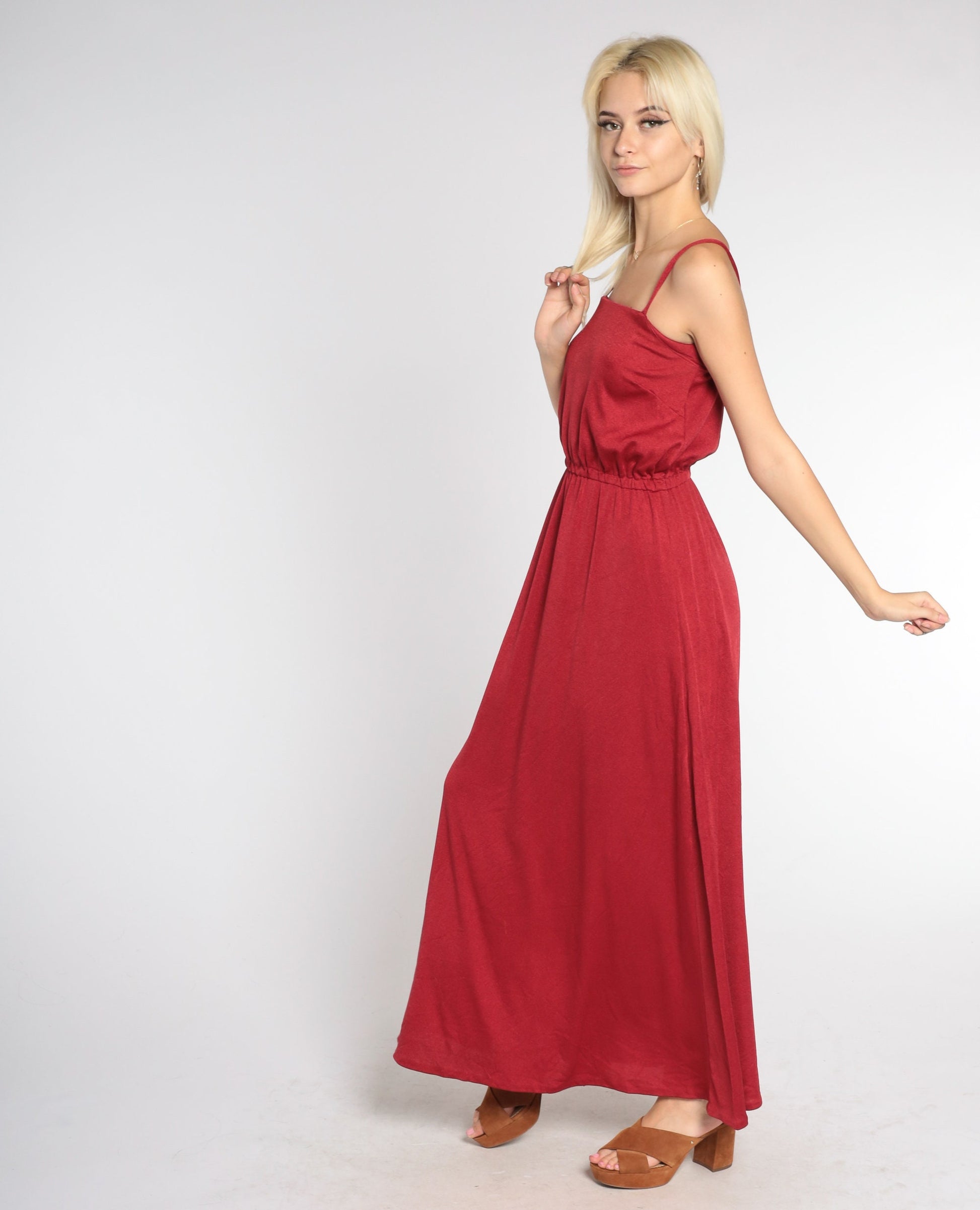 70s Red Maxi Dress Sleeveless High Waist Grecian Gown Small Medium