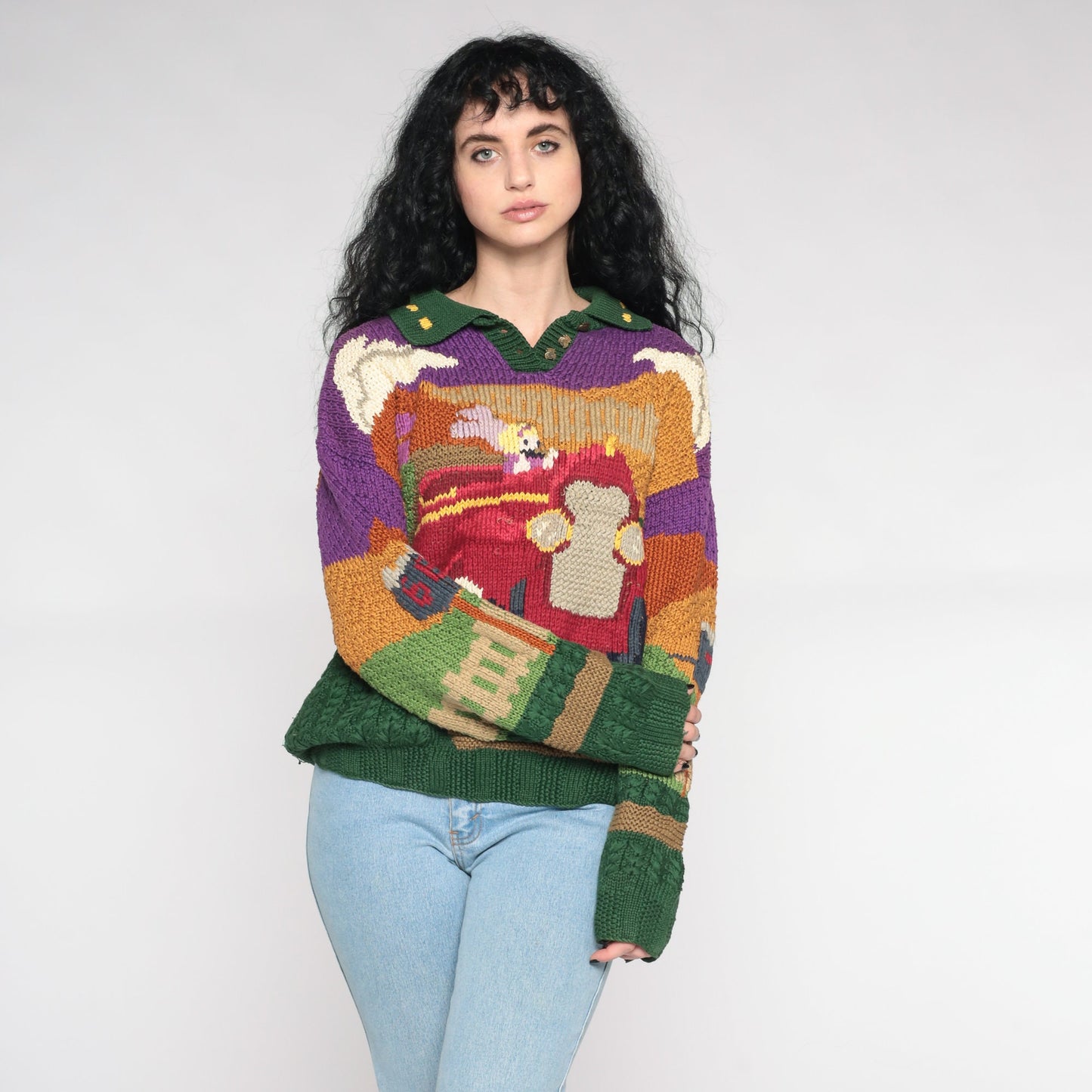 90s Princess Car Jacquard Knit Sweater Cotton Pullover Large L