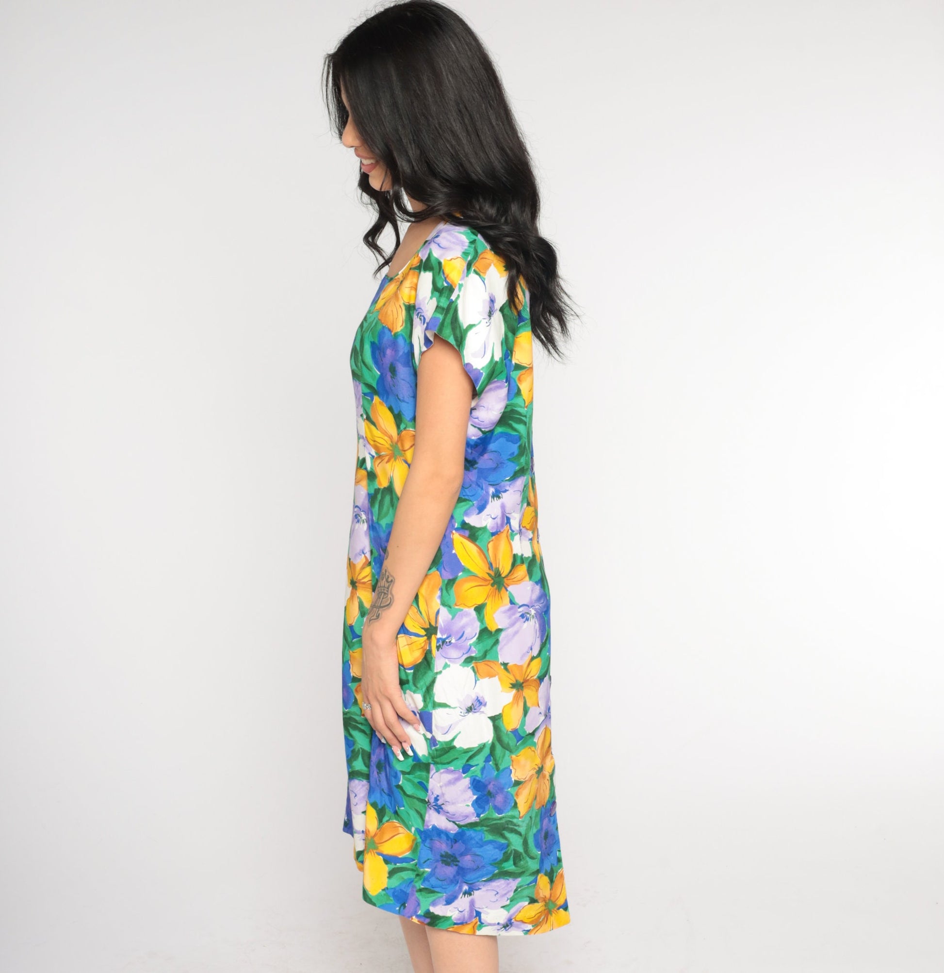 90s Floral Sheath Dress Knee Length Short Sleeve Watercolor Print Green Medium