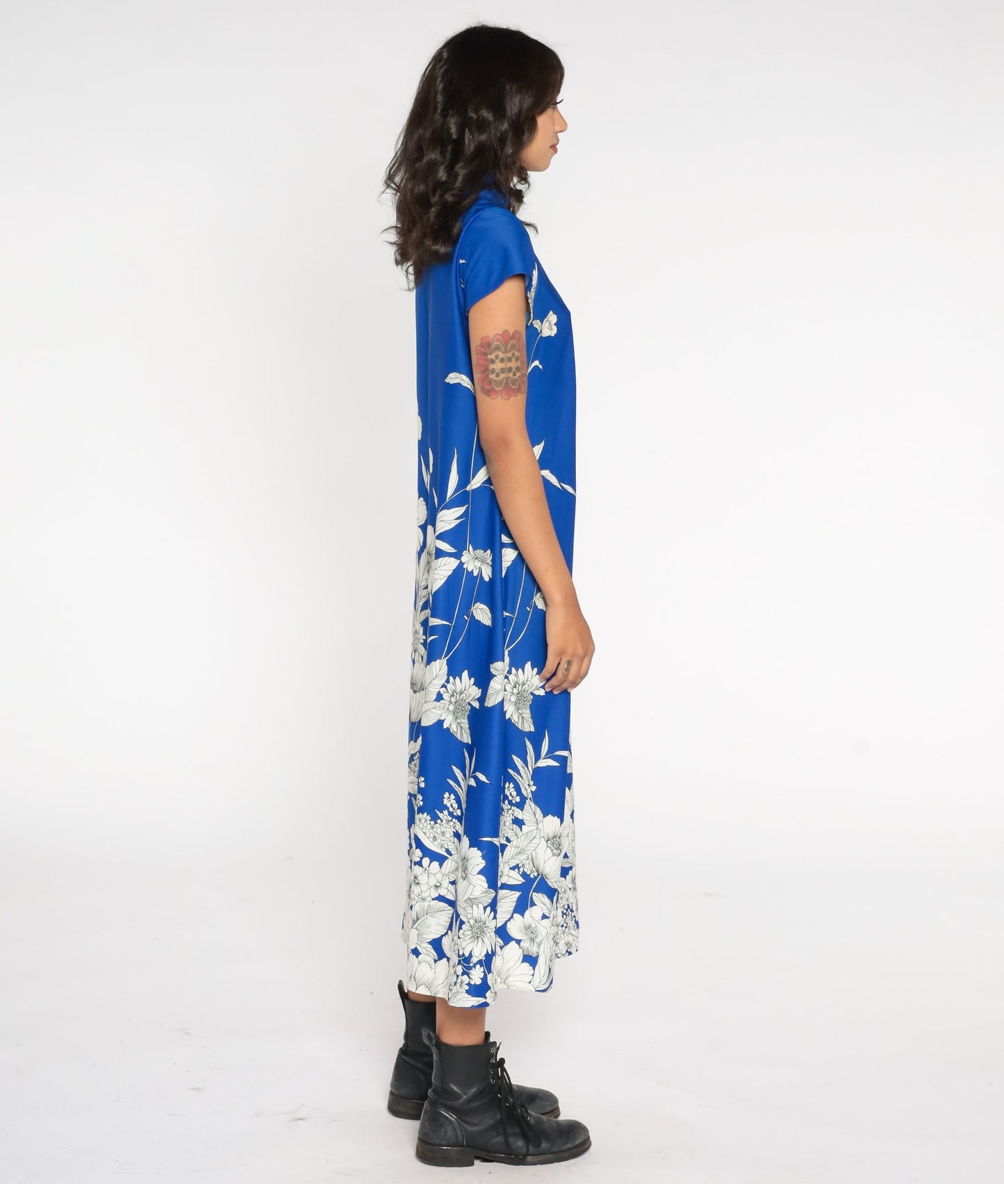 70s Blue Floral Maxi Dress Cap Sleeve Mandarin Collar Keyhole Medium