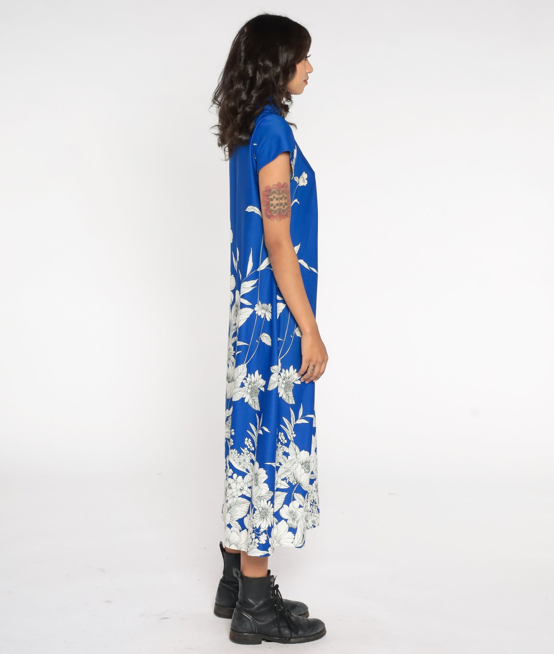 70s Blue Floral Maxi Dress Cap Sleeve Mandarin Collar Keyhole Medium