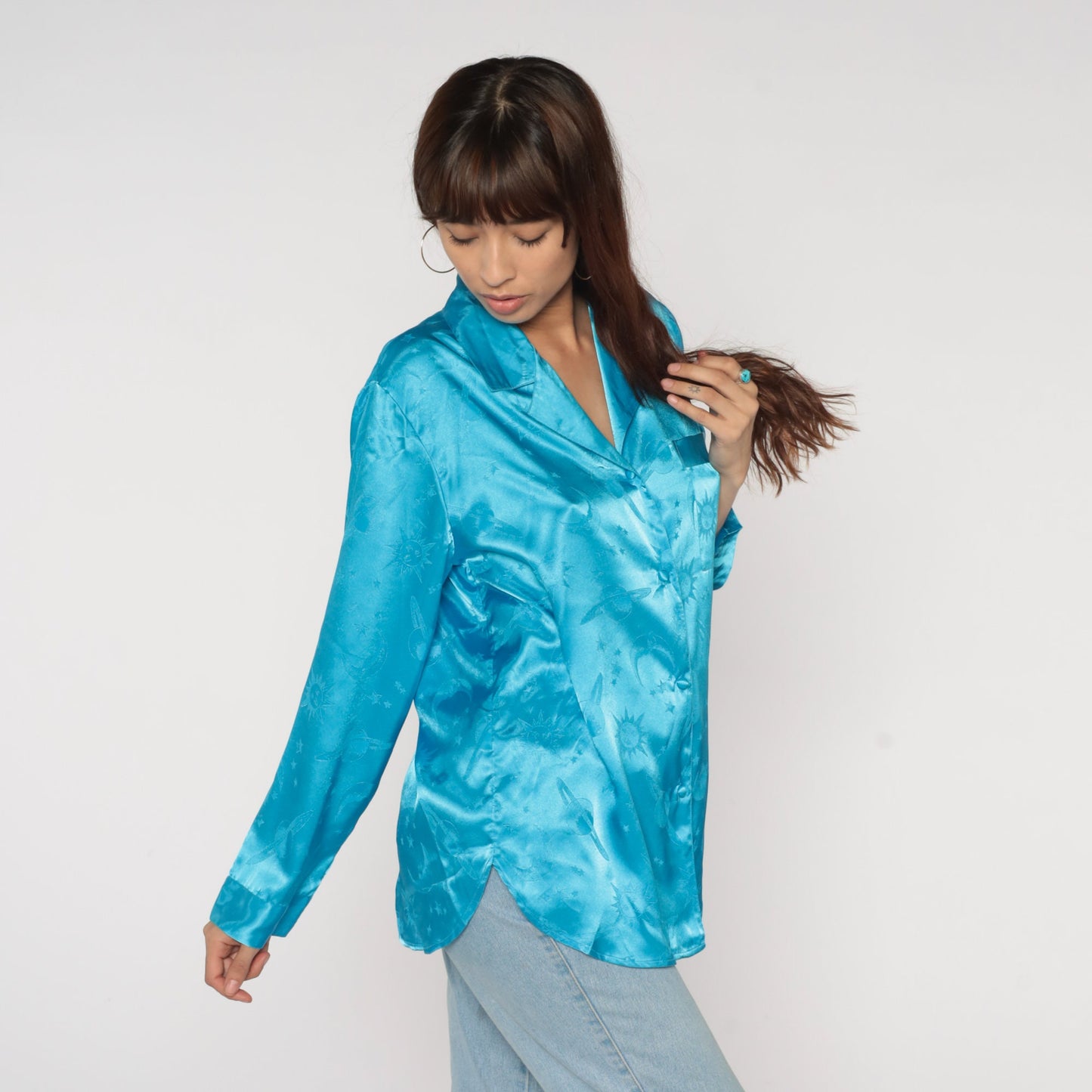 90s Celestial Pajama Top Bright Blue Satin Embossed Moon Stars Button Up Medium