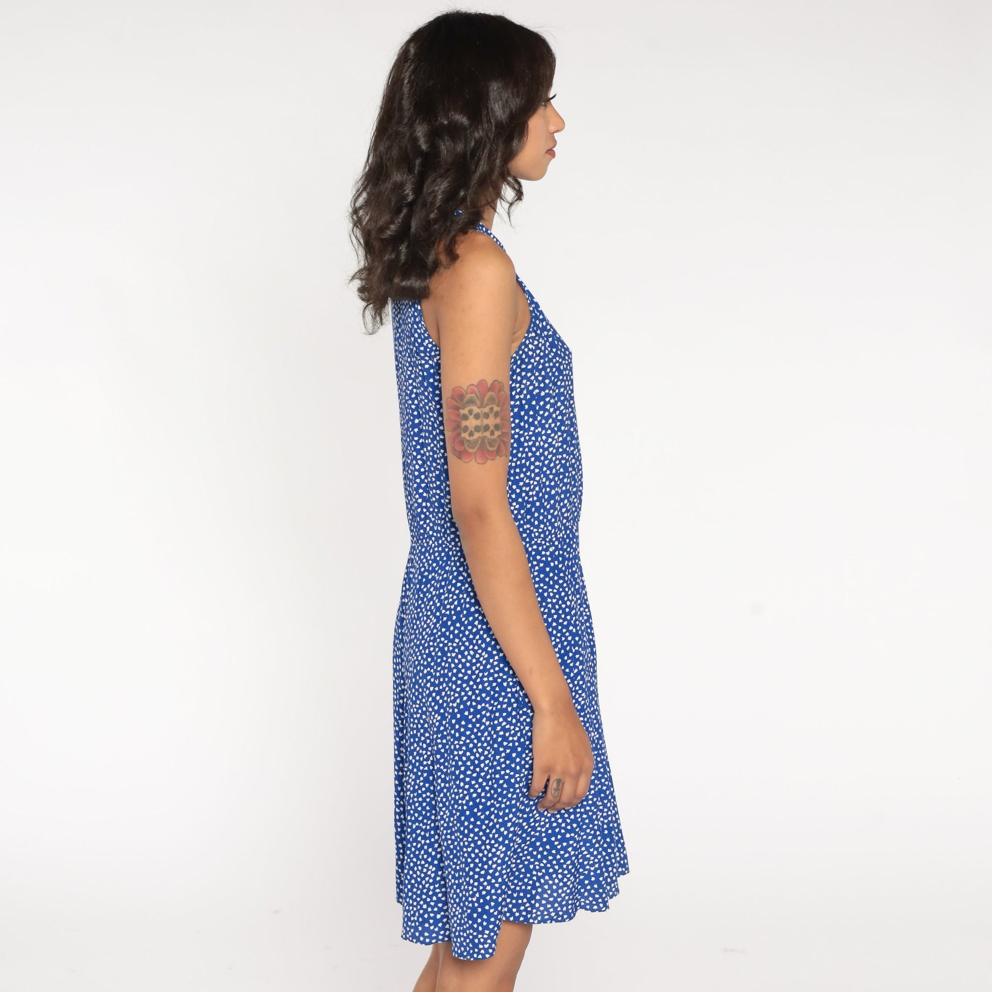 80s Blue Tulip Floral Mini Dress Sleeveless High Waist A-Line Extra Small