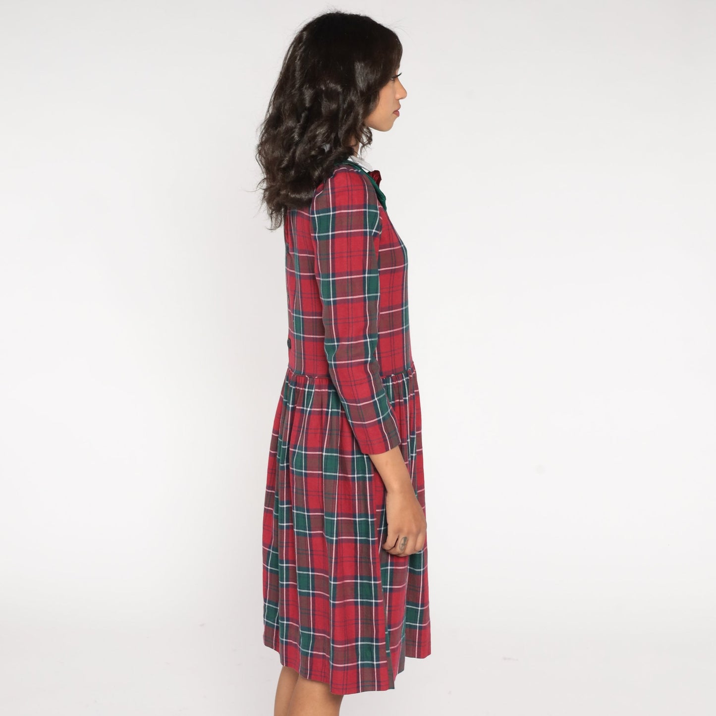 80s Red Plaid Midi Dress Peter Pan Collar Puff Sleeve Drop Waist Extra Small