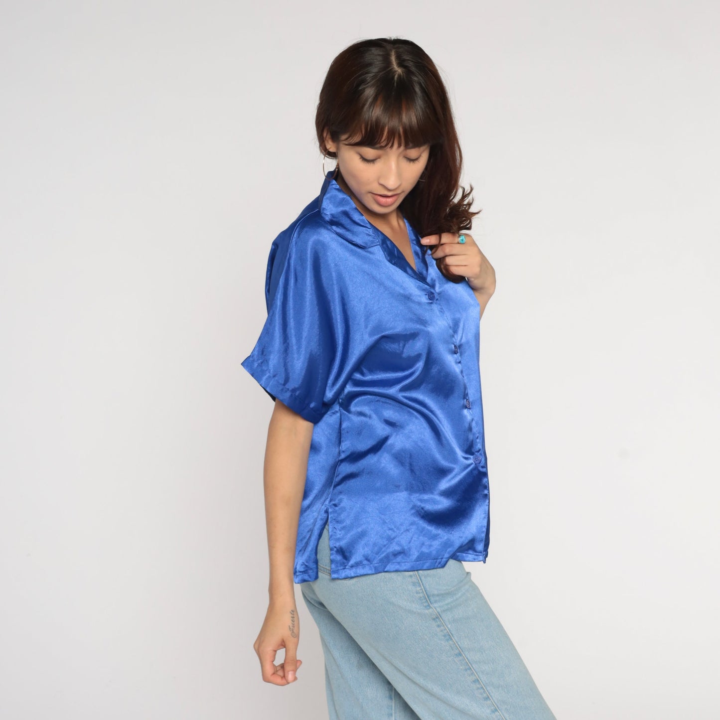 00s Blue Satin Button-Up Blouse Short Sleeve Shirt Large L