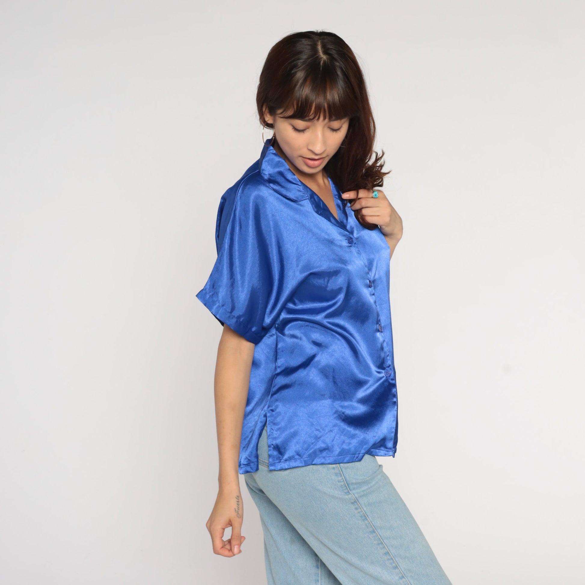 00s Blue Satin Button-Up Blouse Short Sleeve Shirt Large L