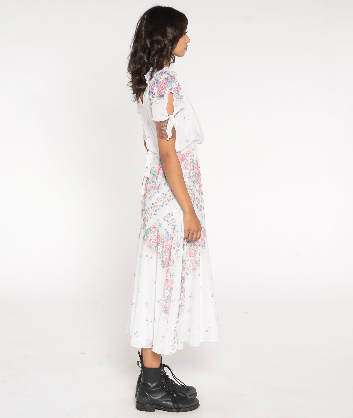 70s Floral Midi Dress White Print Flutter Sleeve Tie Waist Small Medium