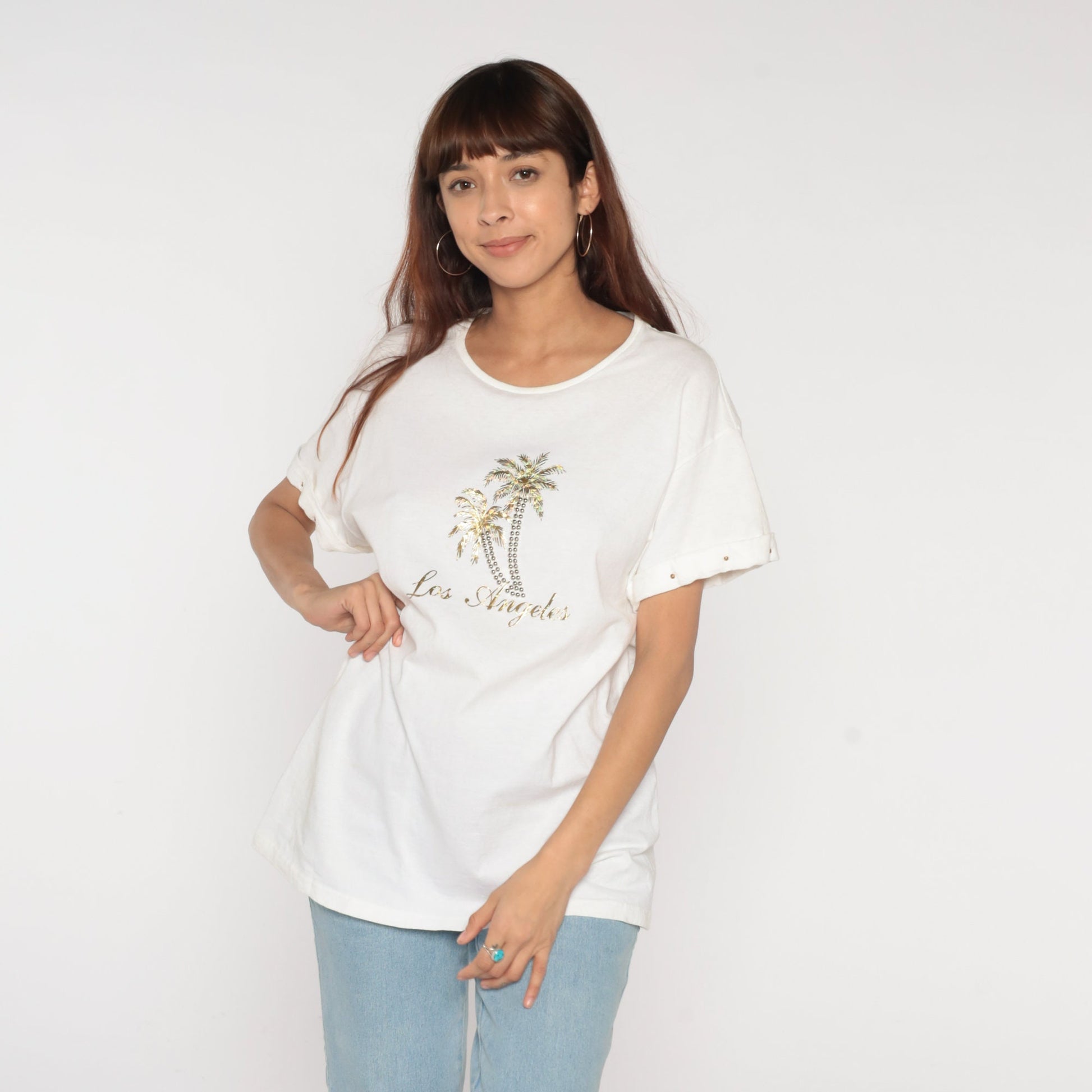 Y2K Los Angeles Palm Tree Graphic T-Shirt Gold Studded White Large L
