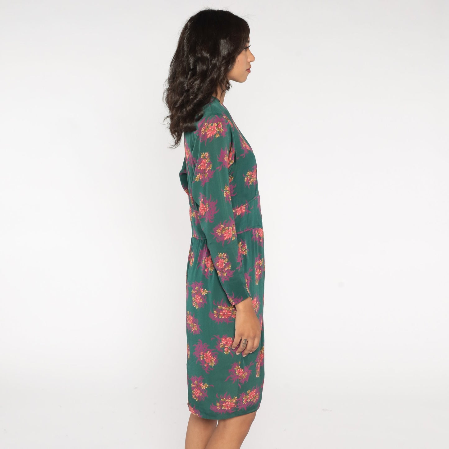 90s Liz Claiborne Green Floral Tulip Hem Sheath Dress Knee Length Medium