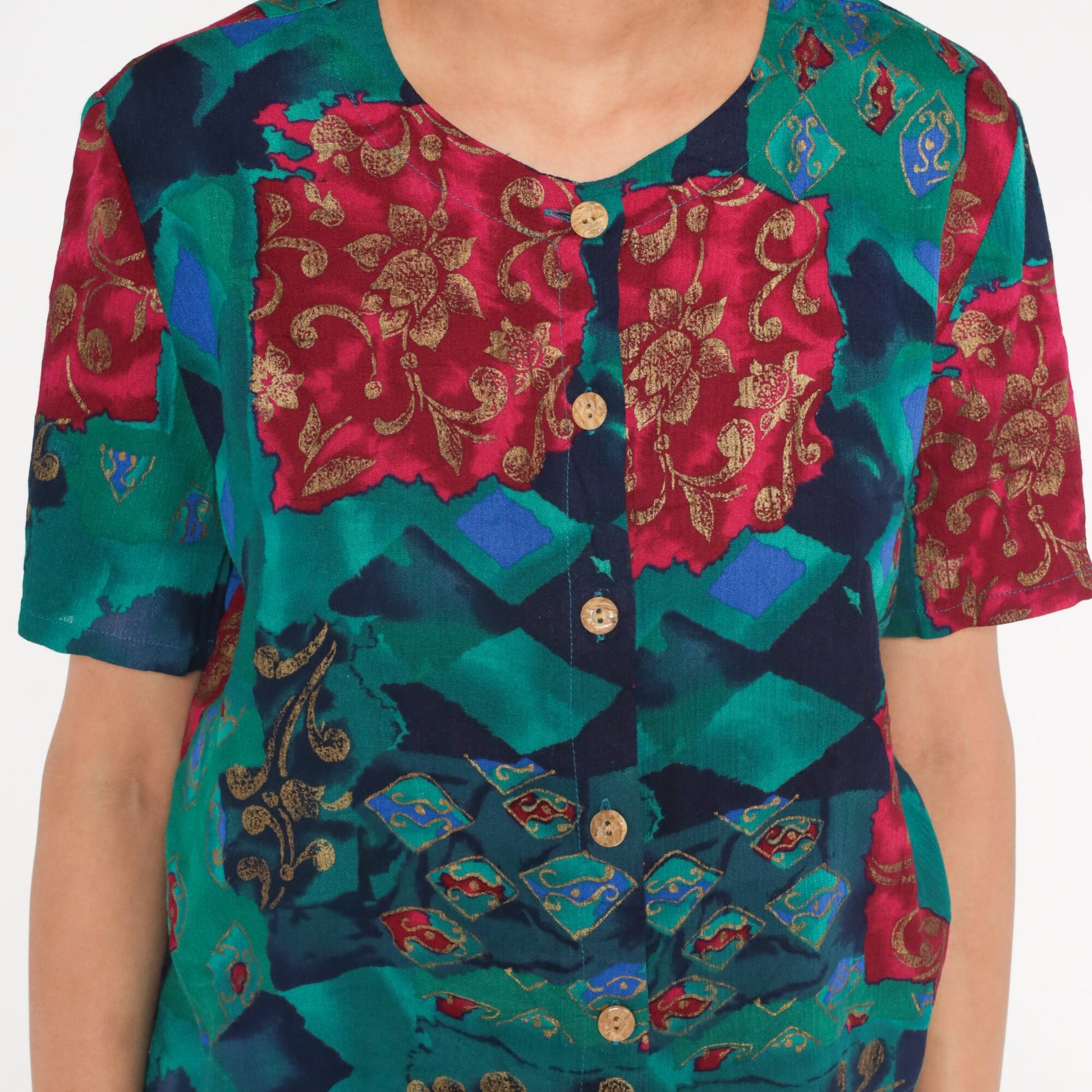 90s Fritzie Abstract Floral Geometric Button-Up Blouse Short Sleeve Small