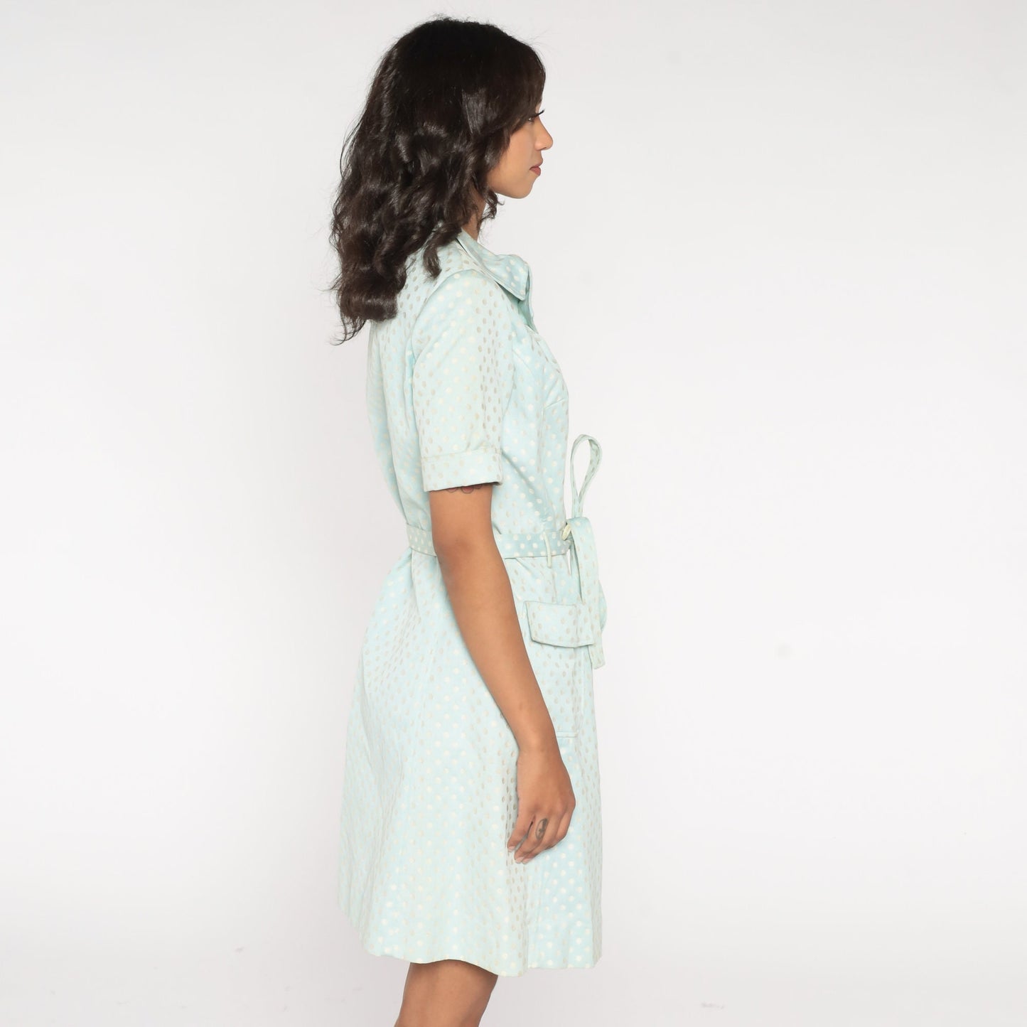 60s Baby Blue Polka Dot Mini Dress Double Breasted Button Up High Waist Medium