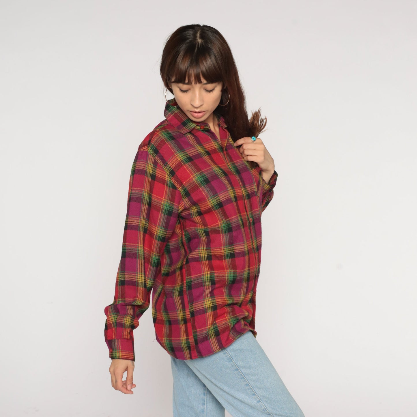 90s Red Plaid Flannel Shirt Button-Up Long Sleeve Collared Medium M