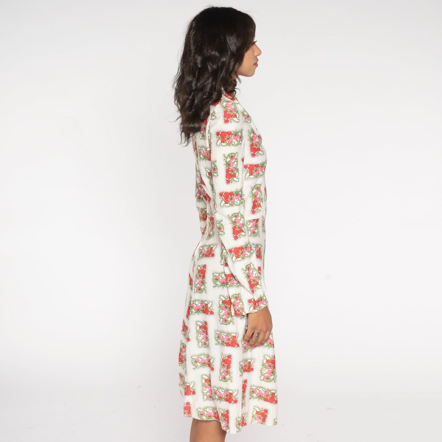 70s White Floral Midi Dress Long Sleeve V-Neck High Waisted Extra Small