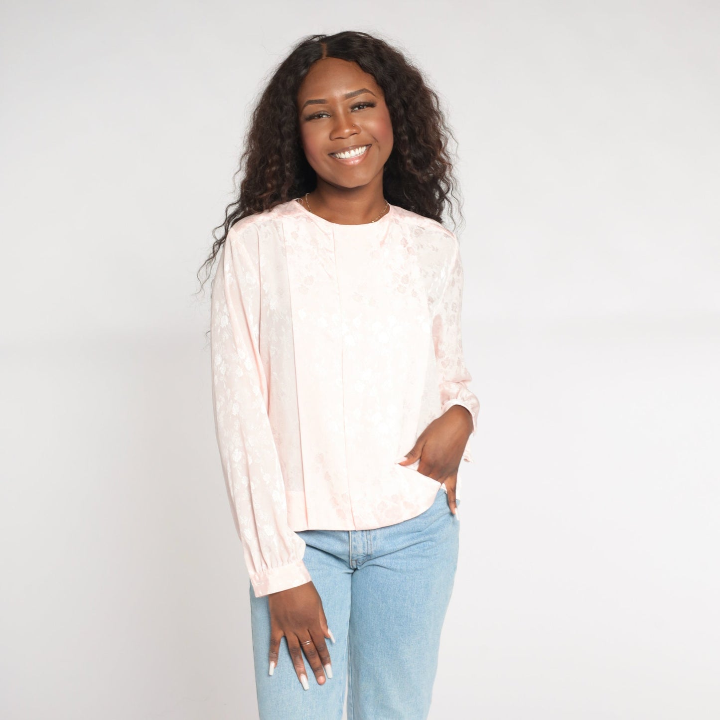90s Baby Pink Embossed Floral Blouse Pleated Long Sleeve Large