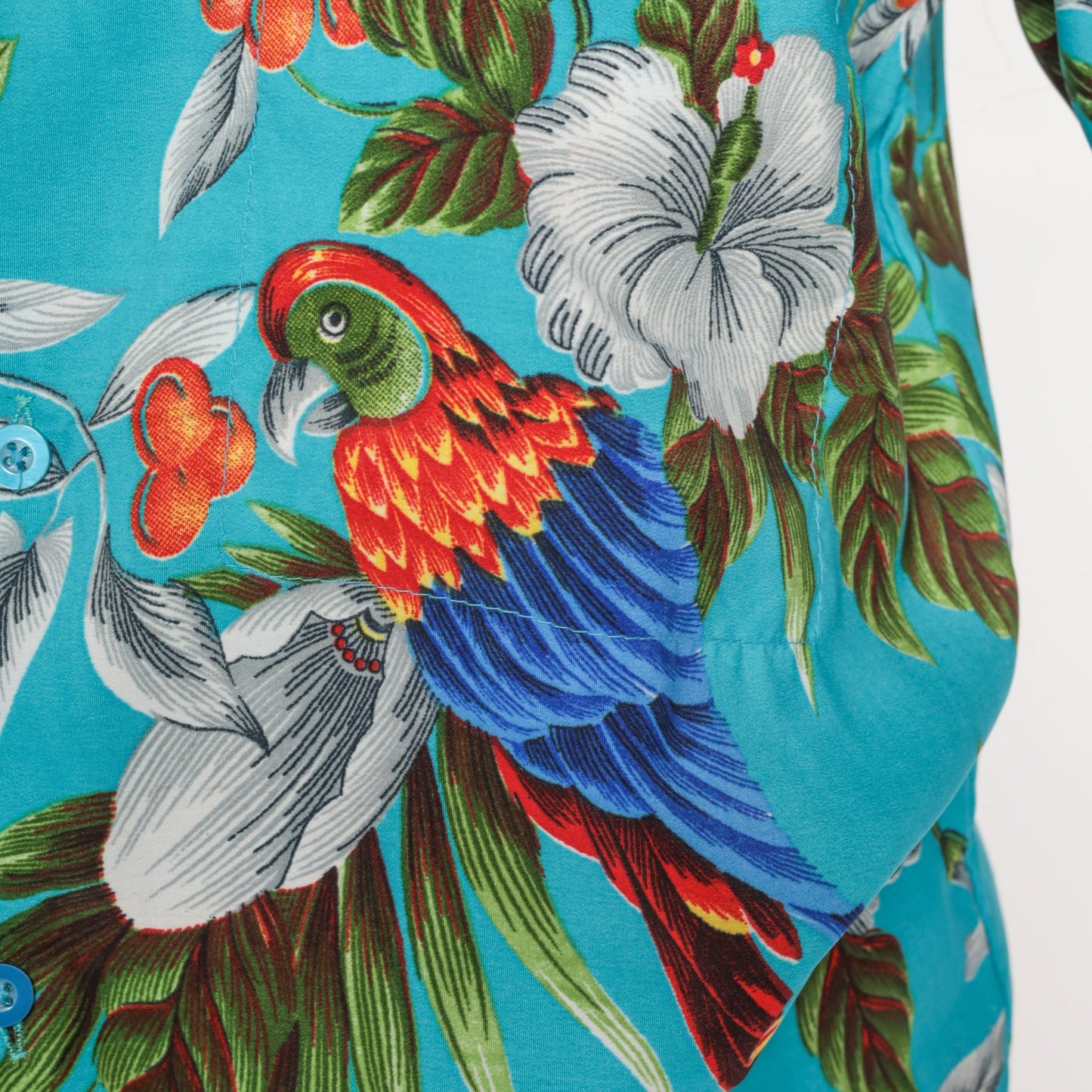 Y2K Blue Hawaiian Button-Up Shirt Parrot Tropical Floral Print Small S