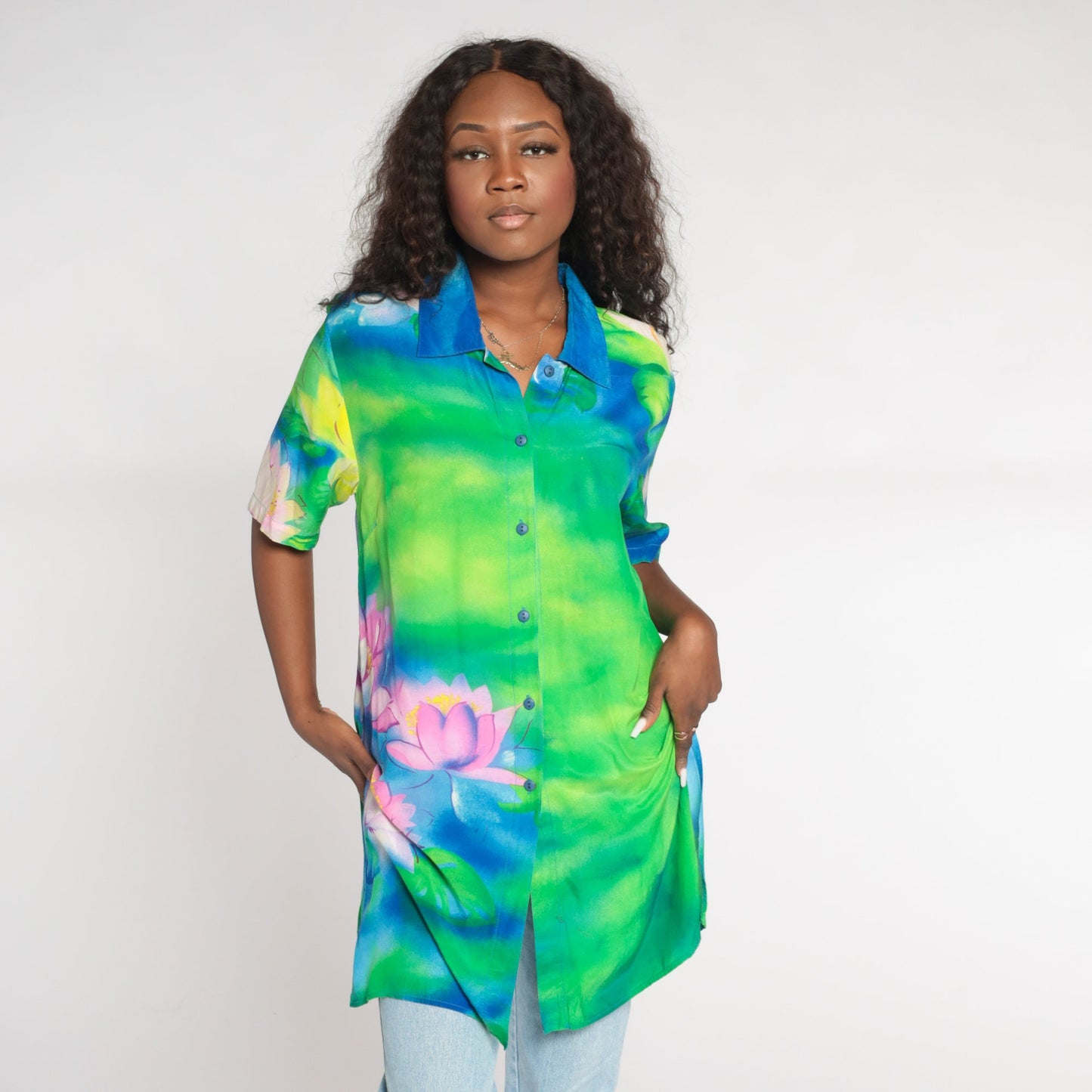 Y2K Water Lily Floral Button Up Blouse Blue Green Pink Short Sleeve Medium Large