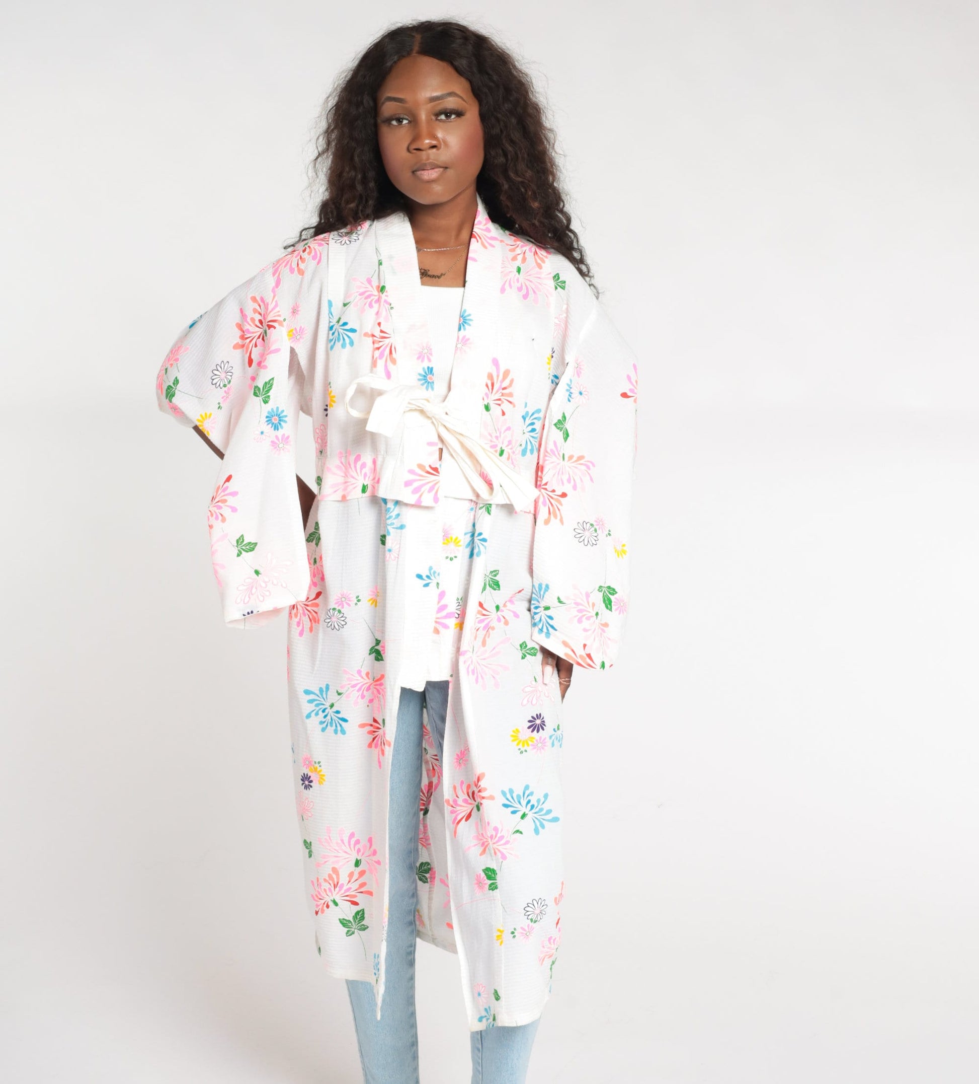 90s White Floral Kimono Robe Midi Length Tie Front Small Medium Large