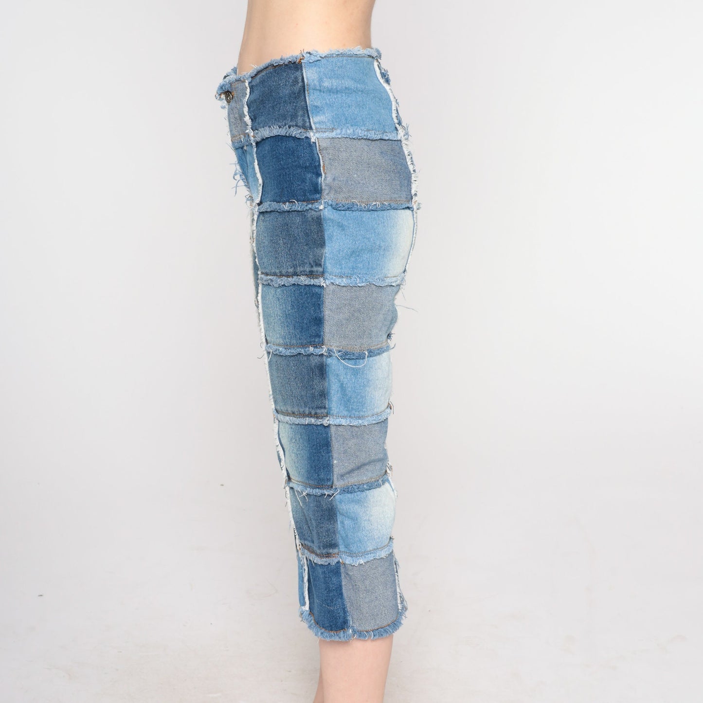 Y2K Patchwork Cropped Jeans Blue Low Rise Capri Denim Extra Small XS