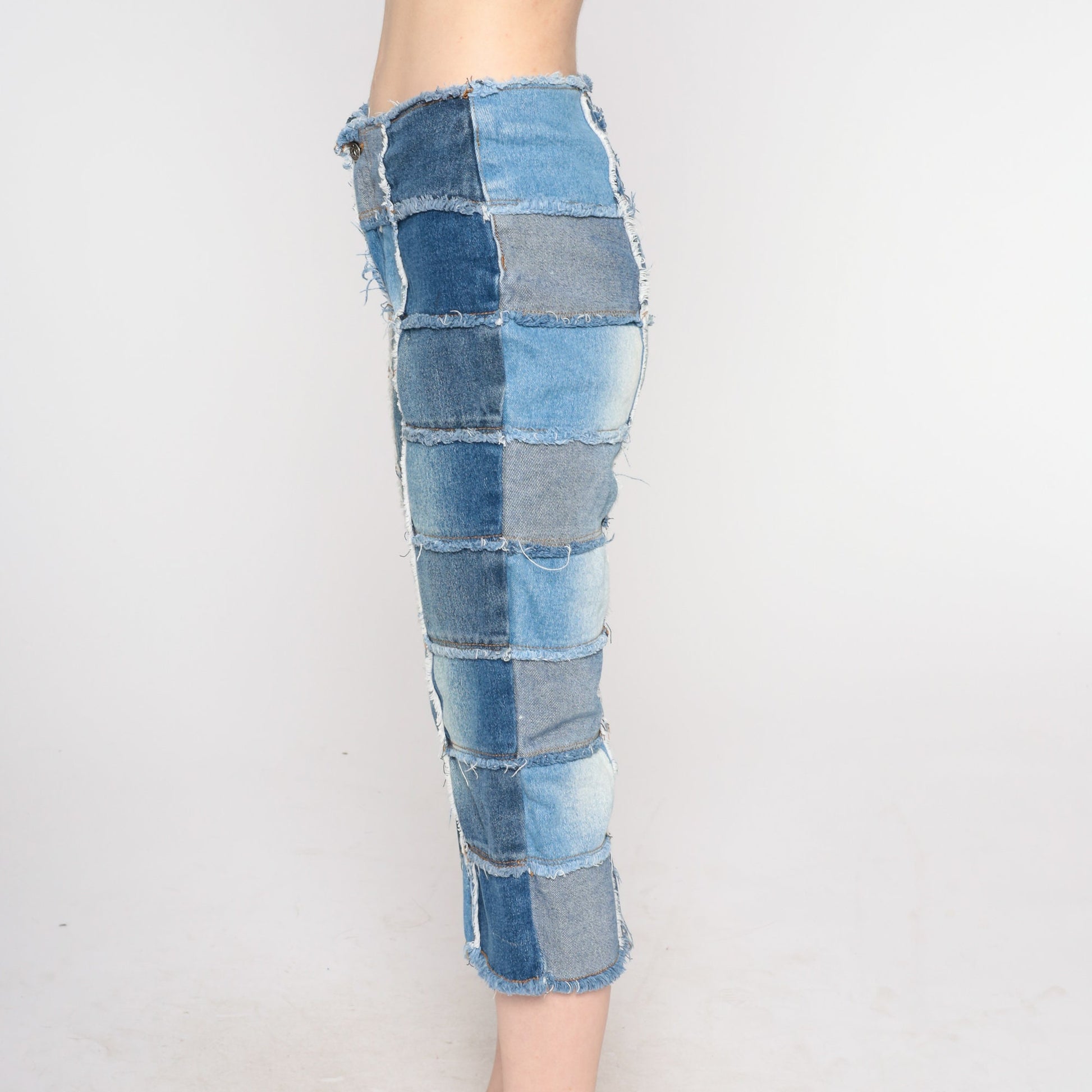 Y2K Patchwork Cropped Jeans Blue Low Rise Capri Denim Extra Small XS