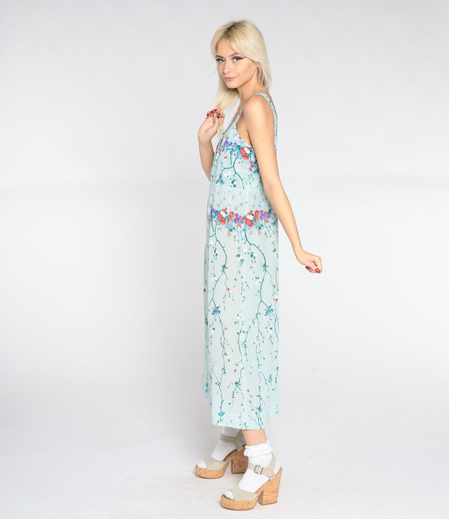 70s Baby Blue Floral Midi Dress Asian Inspired Bird Branch Print Sleeveless Small
