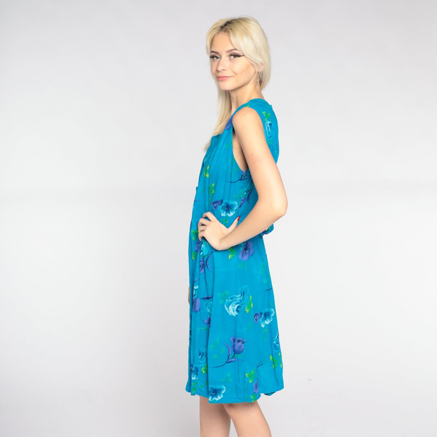 90s Blue Floral Mini Dress Sleeveless A-Line Scoop Neck Large Petite