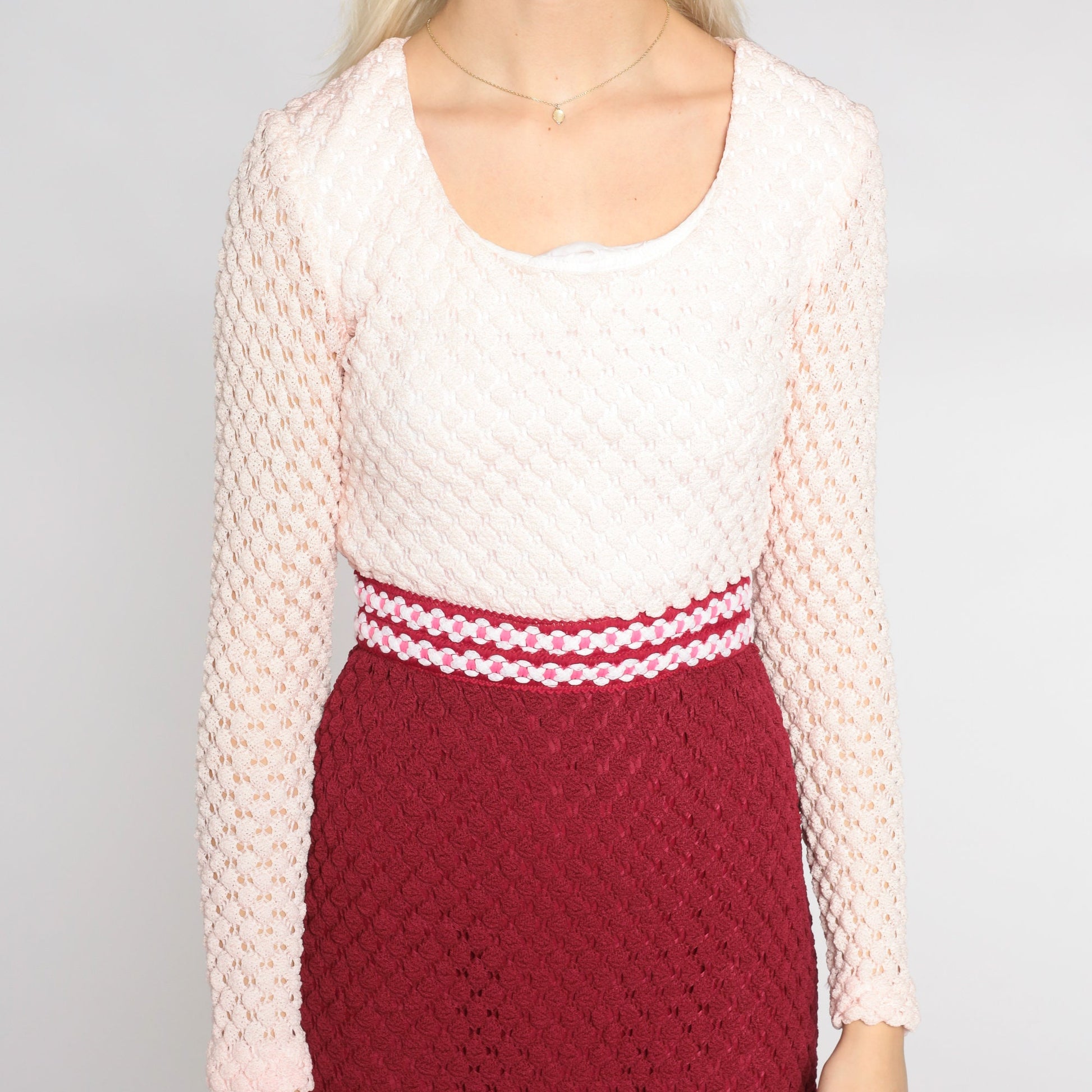 70s Crochet Maxi Dress Burgundy White High Waist Long Sleeve Small