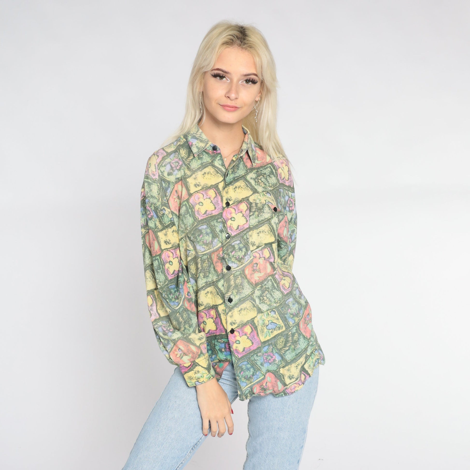 90s Abstract Floral Button-Up Shirt Long Sleeve Collared Green Yellow Pink Medium