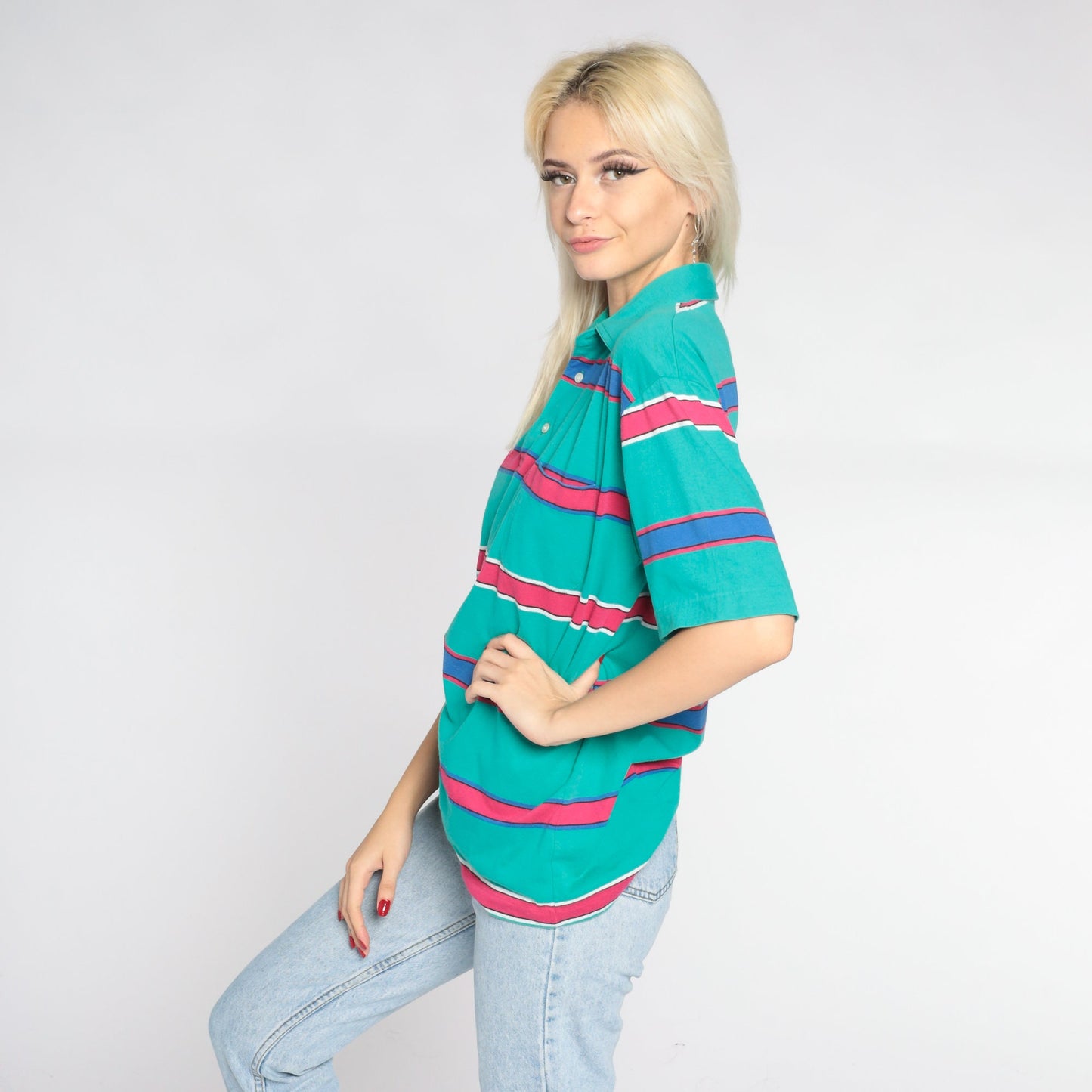 90s Green Striped Polo Shirt Pink Blue Stripes Collared Short Sleeve Small
