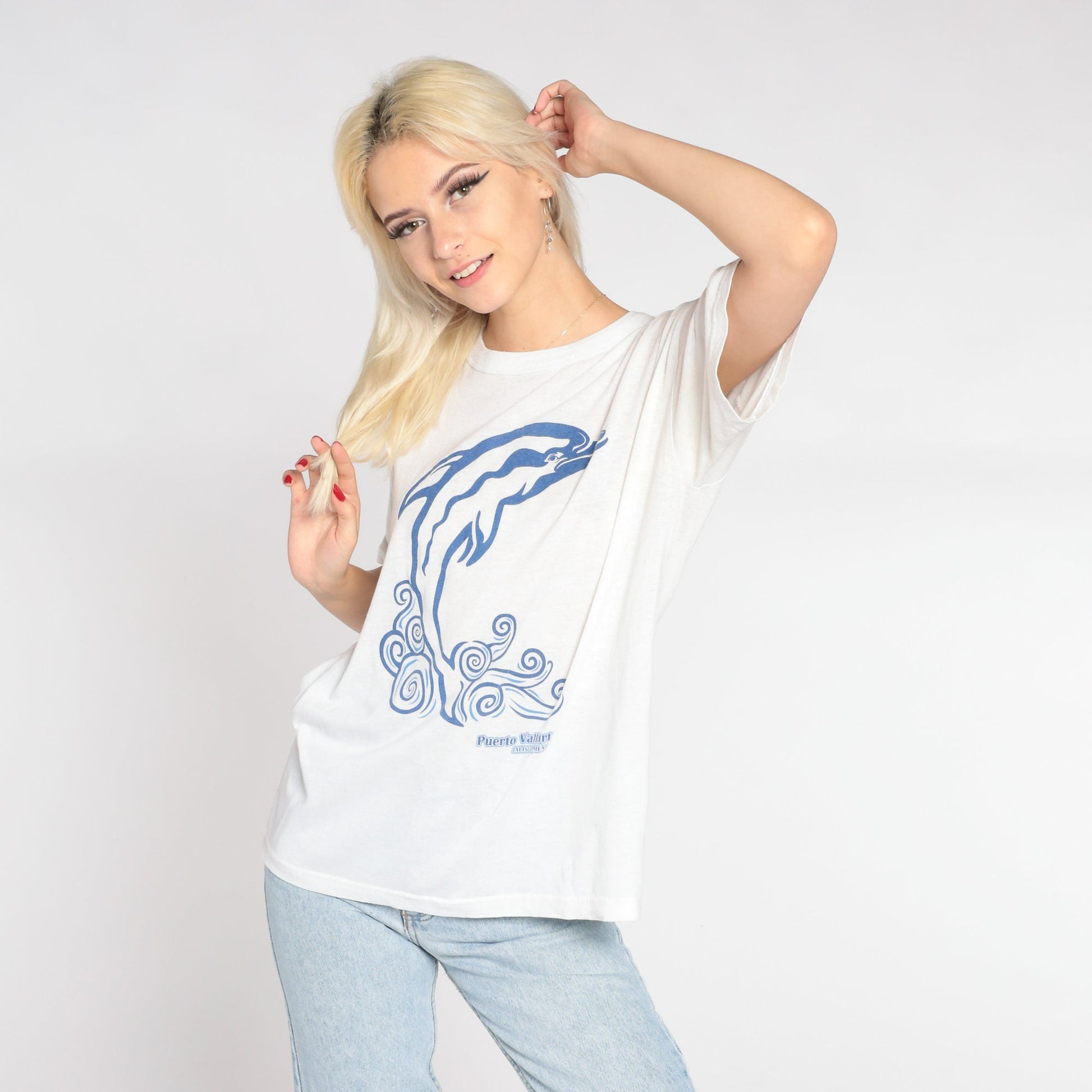 90s Dolphin Puerto Vallarta Mexico Graphic T-Shirt White Cotton Large L