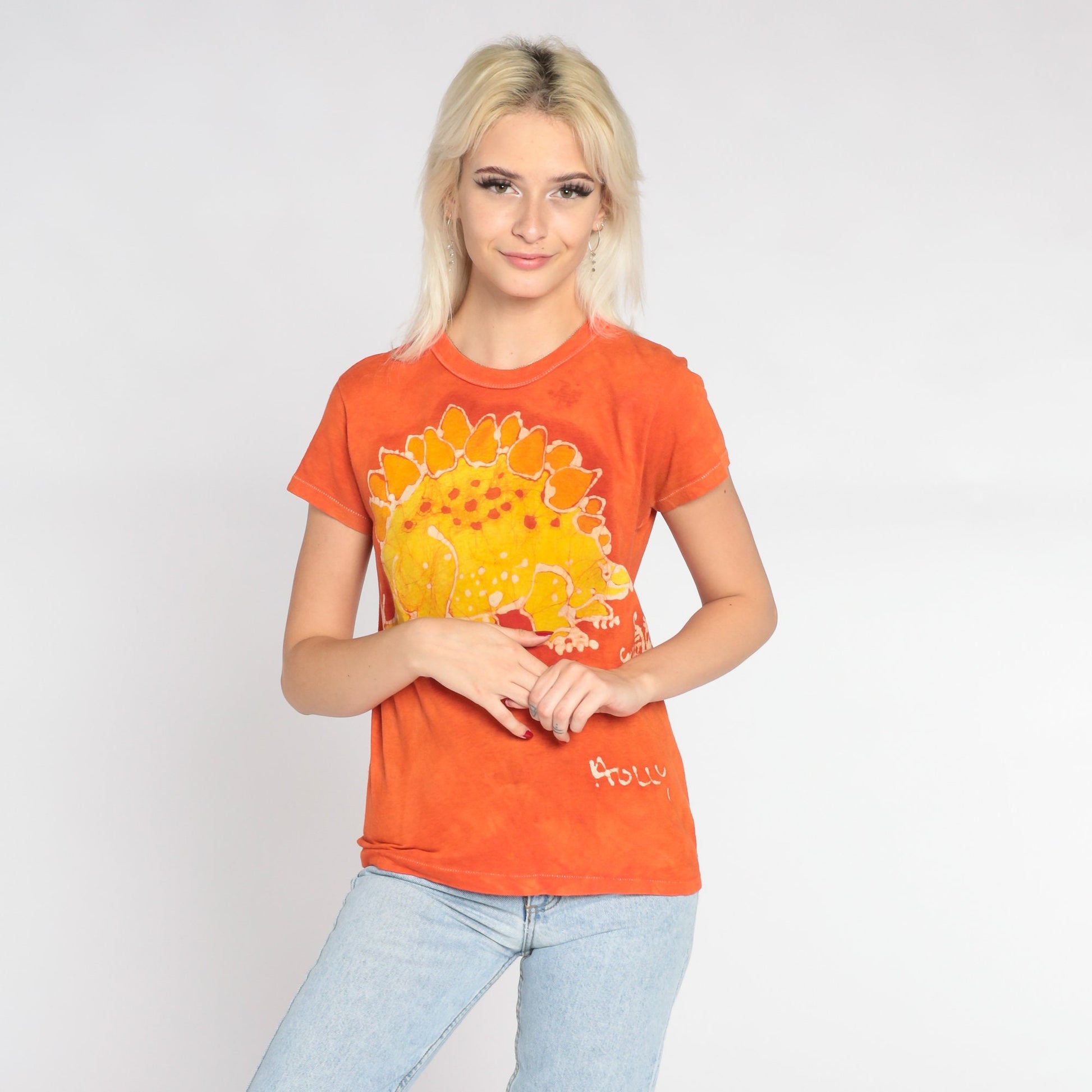 80s Stegosaurus Dinosaur Tie Dye Graphic T-Shirt Holly Orange Single Stitch XS