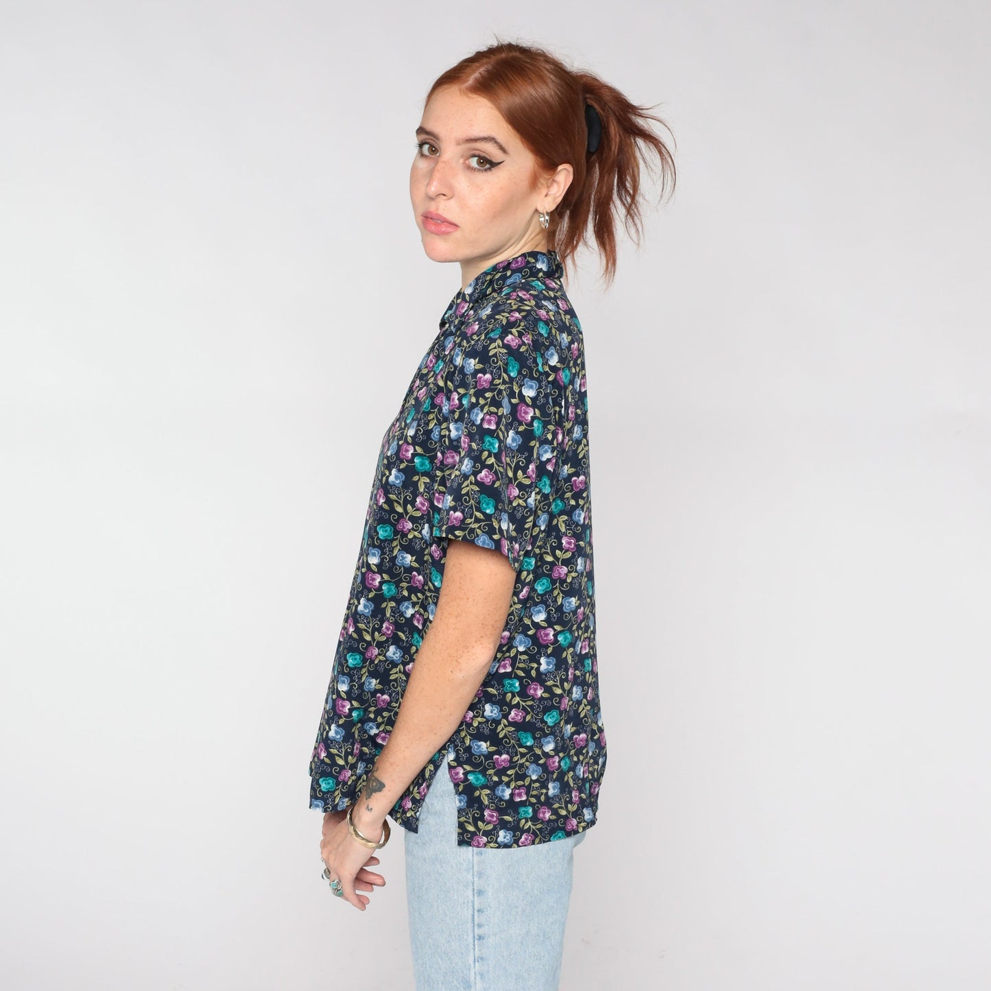 00s Floral Button Up Blouse Navy Short Sleeve Shoulder Pad Top Medium