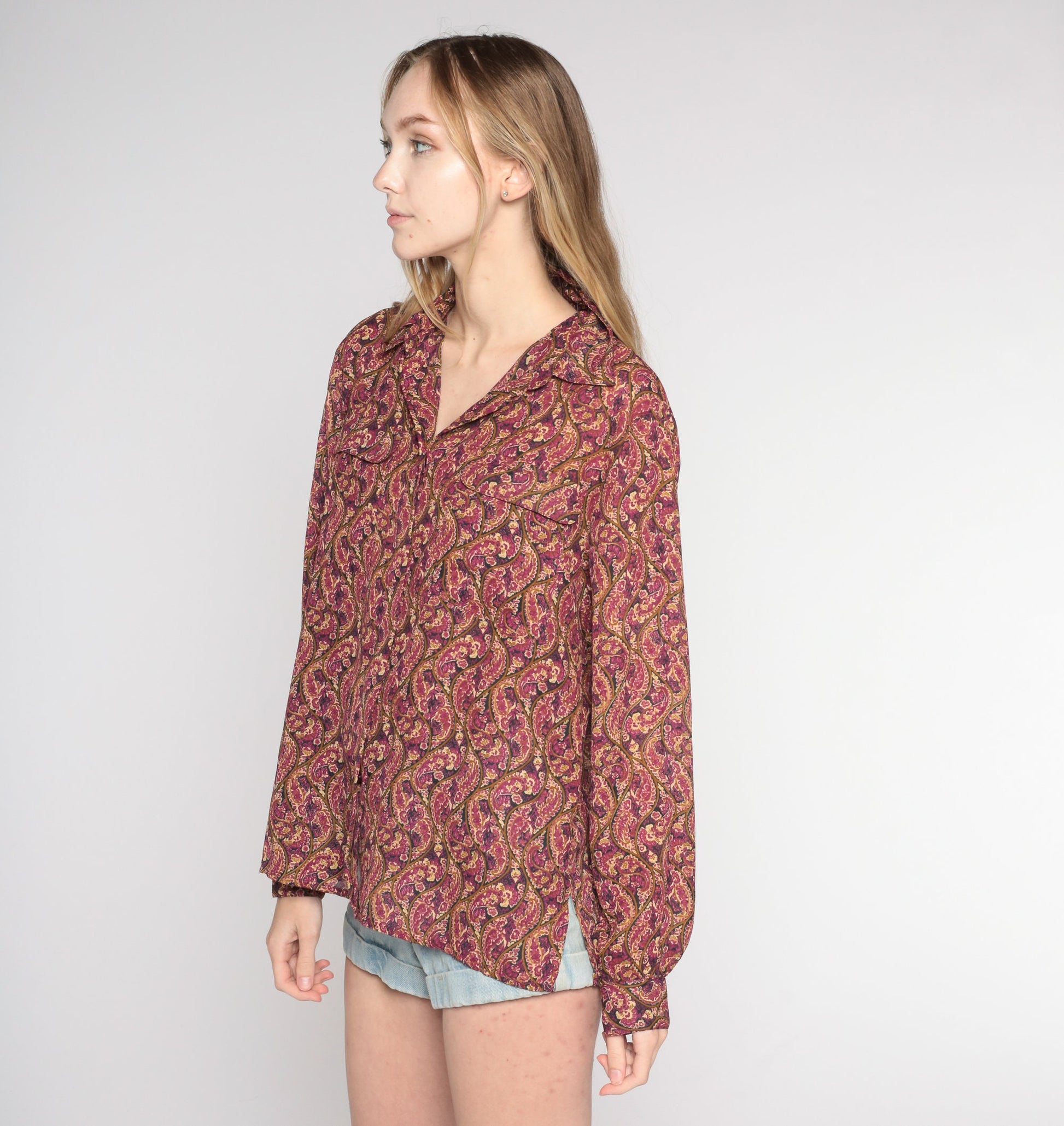 90s Paisley Button-Up Blouse Long Sleeve Purple Pink Tan Medium