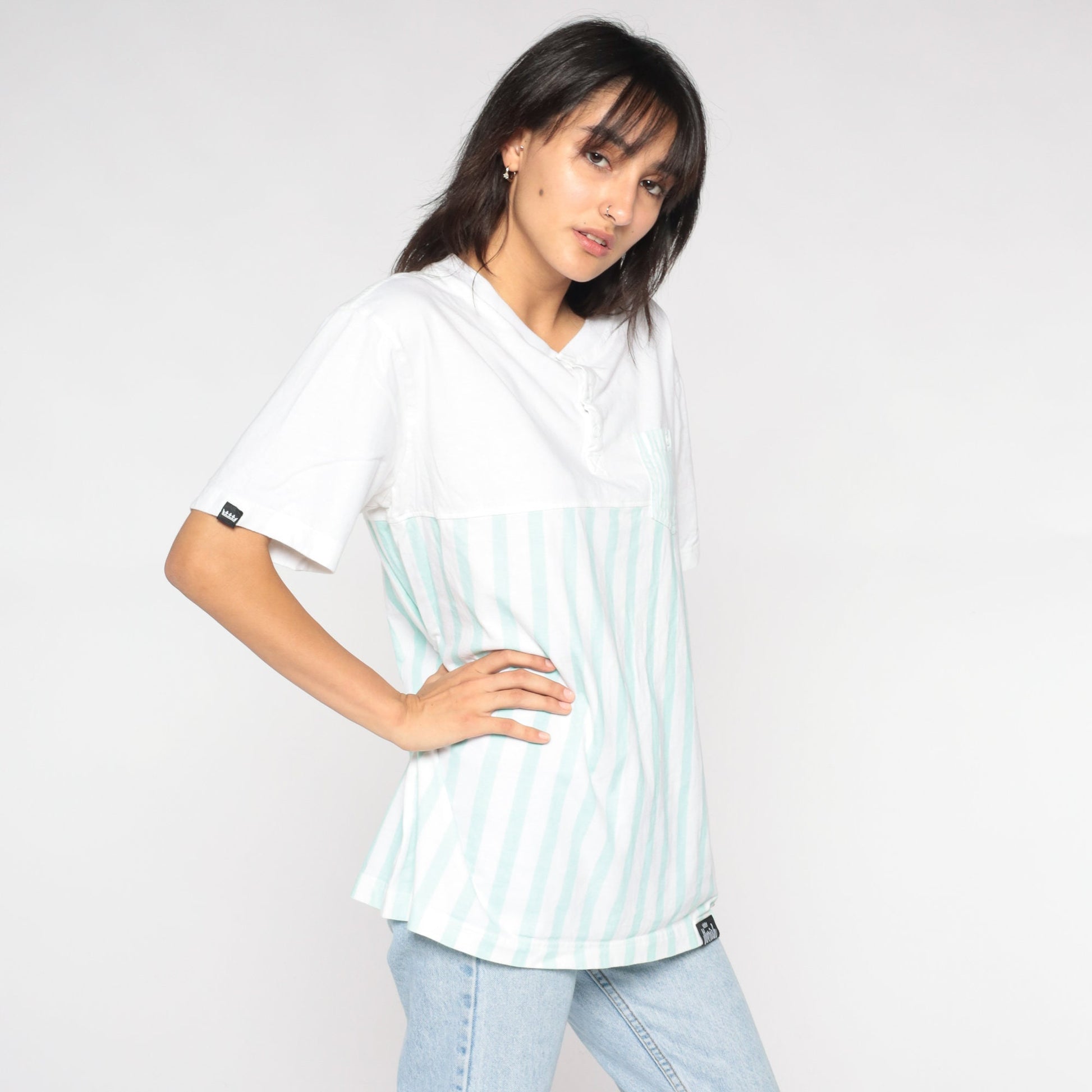 90s Striped Henley Shirt White Mint Green Short Sleeve Button Pocket Tee Large