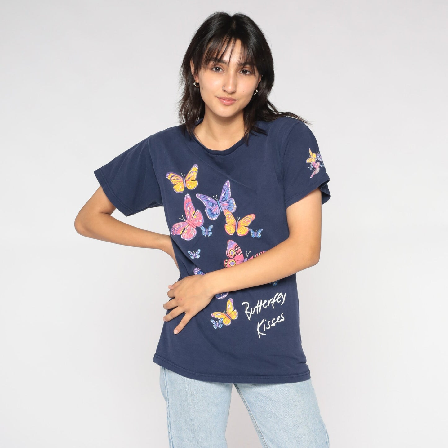 90s Butterfly Kisses Graphic T-Shirt Blue Nature Print Small S