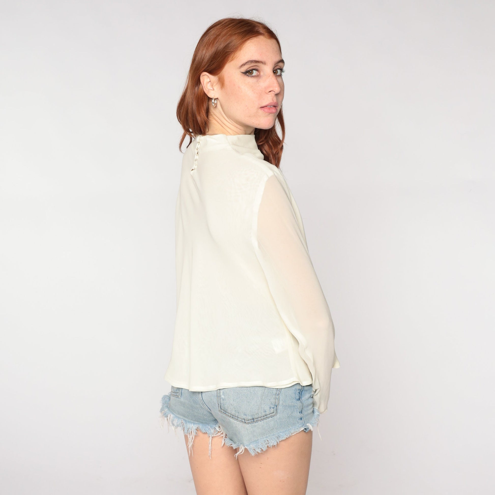 90s Cream Chiffon Mock Neck Blouse Sheer Long Sleeve Party Top Medium