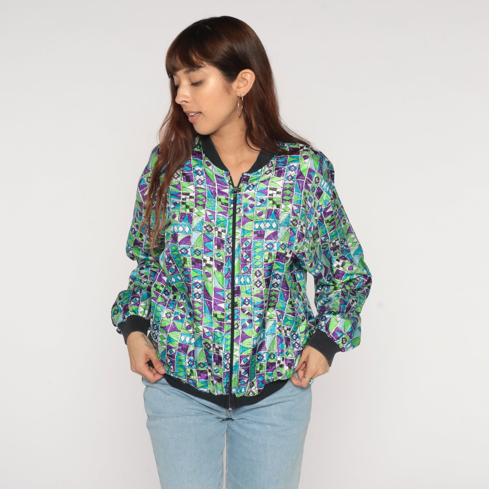 90s Geometric Bomber Jacket Blue Green Purple Zip Windbreaker Men's Medium