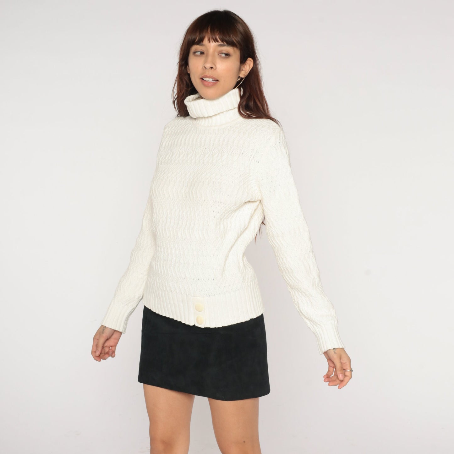 90s White Textured Knit Turtleneck Sweater Pullover Medium M