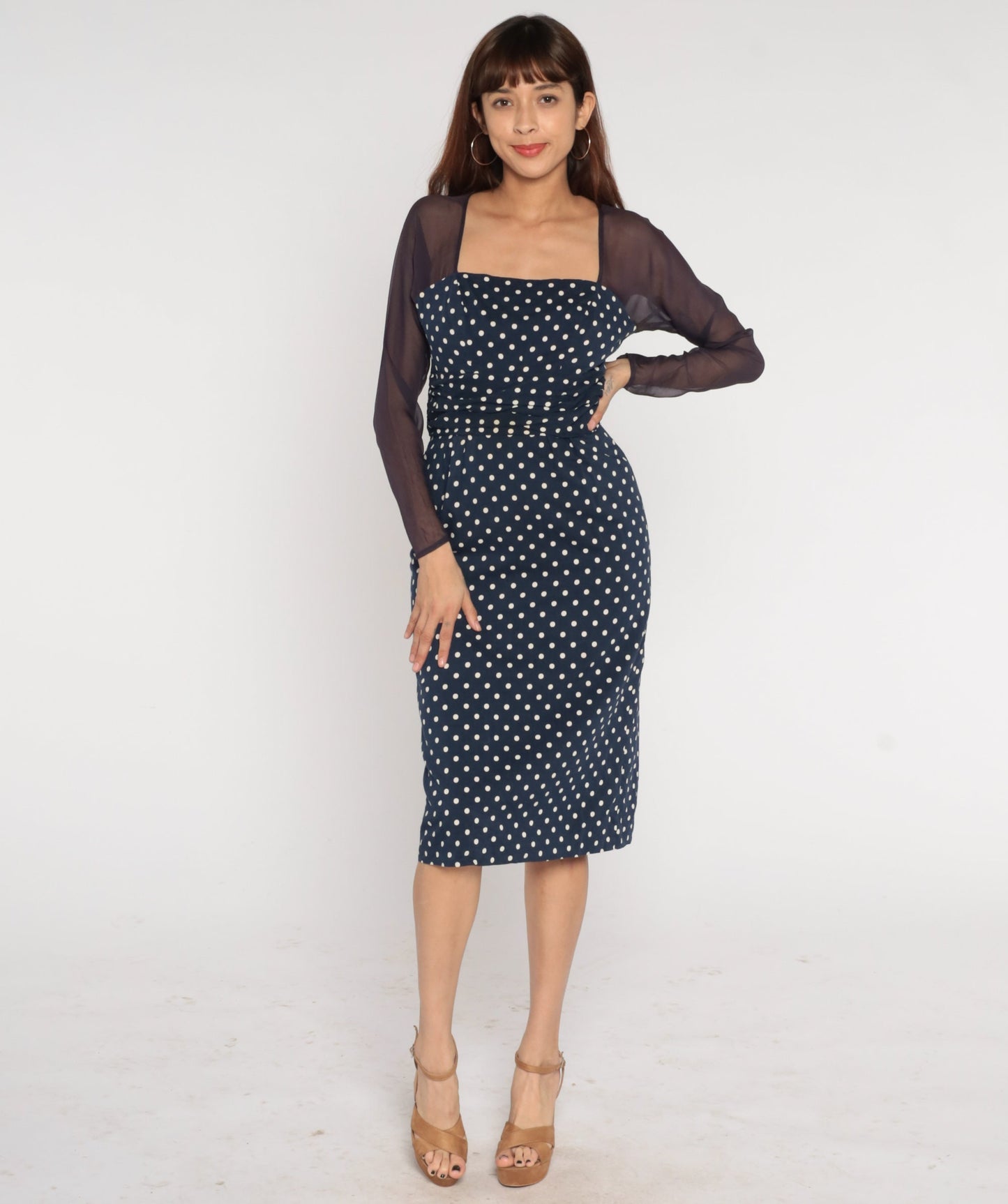 1960s Navy Polka Dot Midi Pencil Dress Sheer Sleeve Keyhole Small