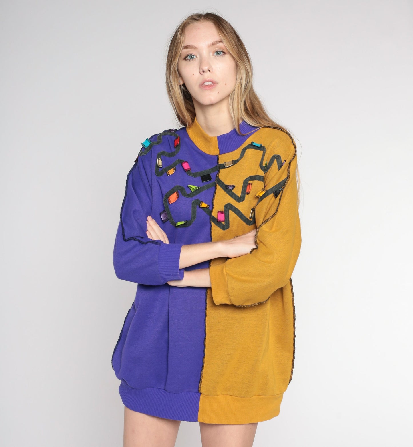 80s Color Block Sweatshirt Purple Mustard Crewneck Pullover Medium M