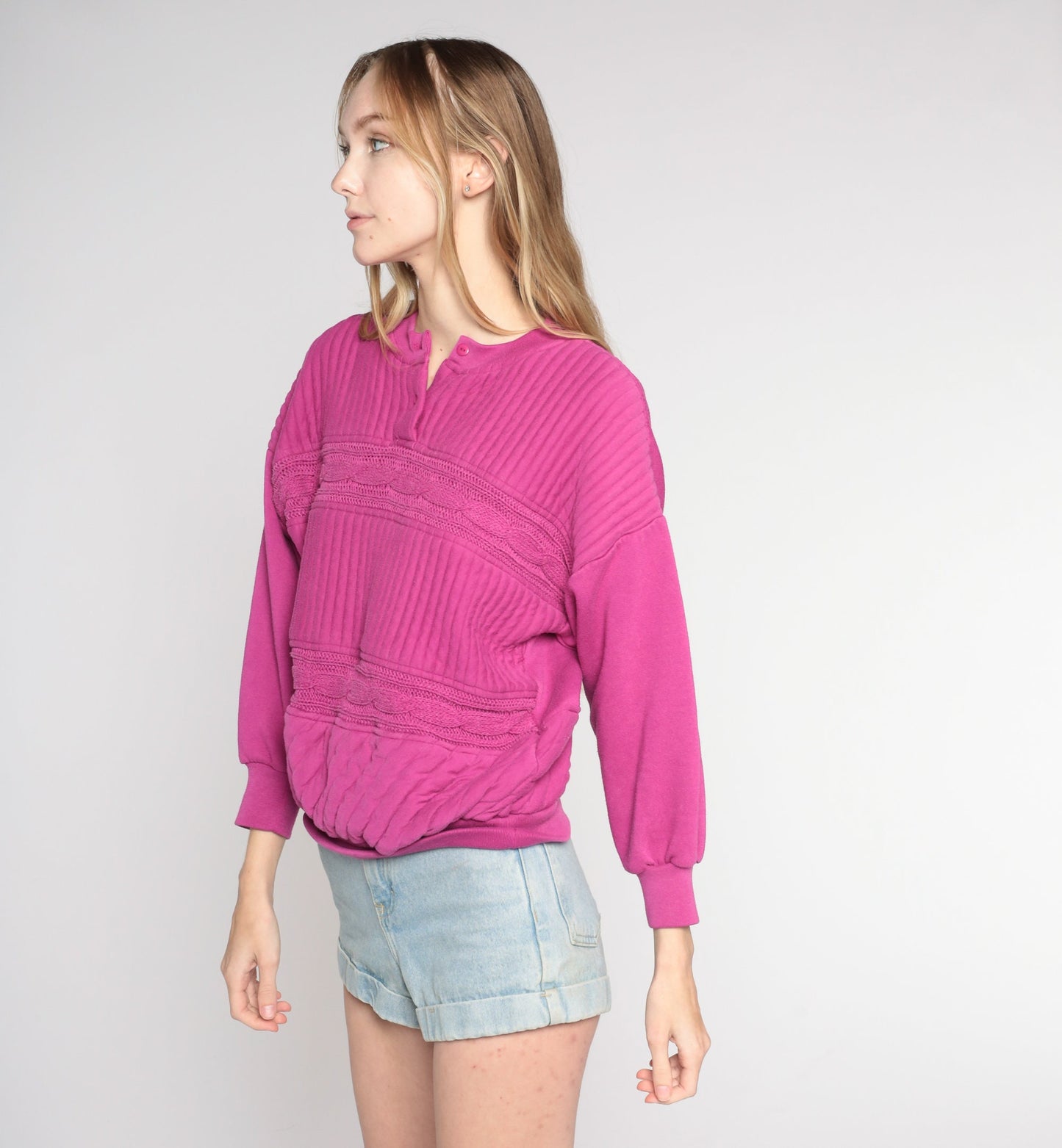 90s Quilted Cable Knit Sweatshirt Fuchsia Henley Pullover Medium M