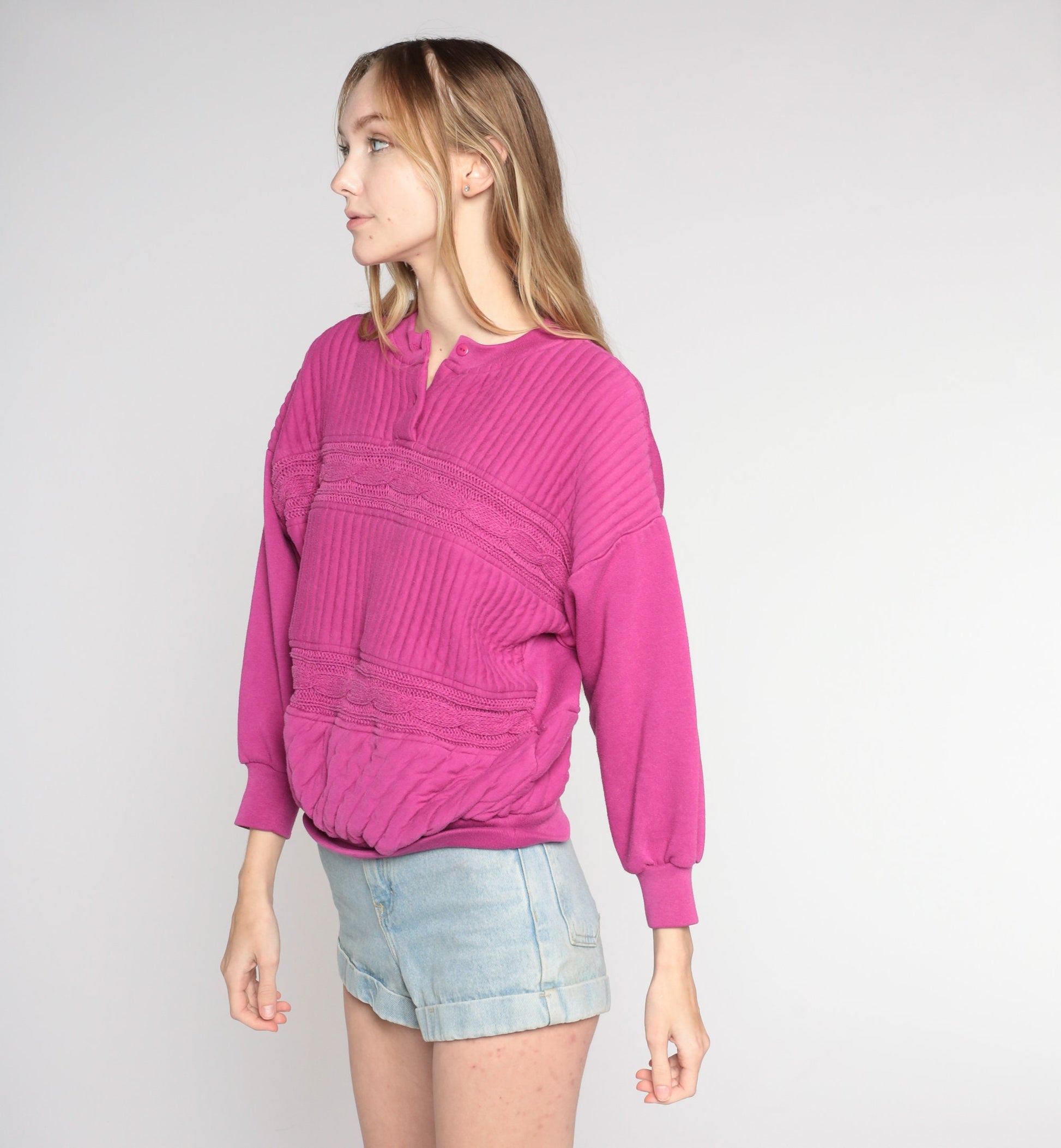 90s Quilted Cable Knit Sweatshirt Fuchsia Henley Pullover Medium M