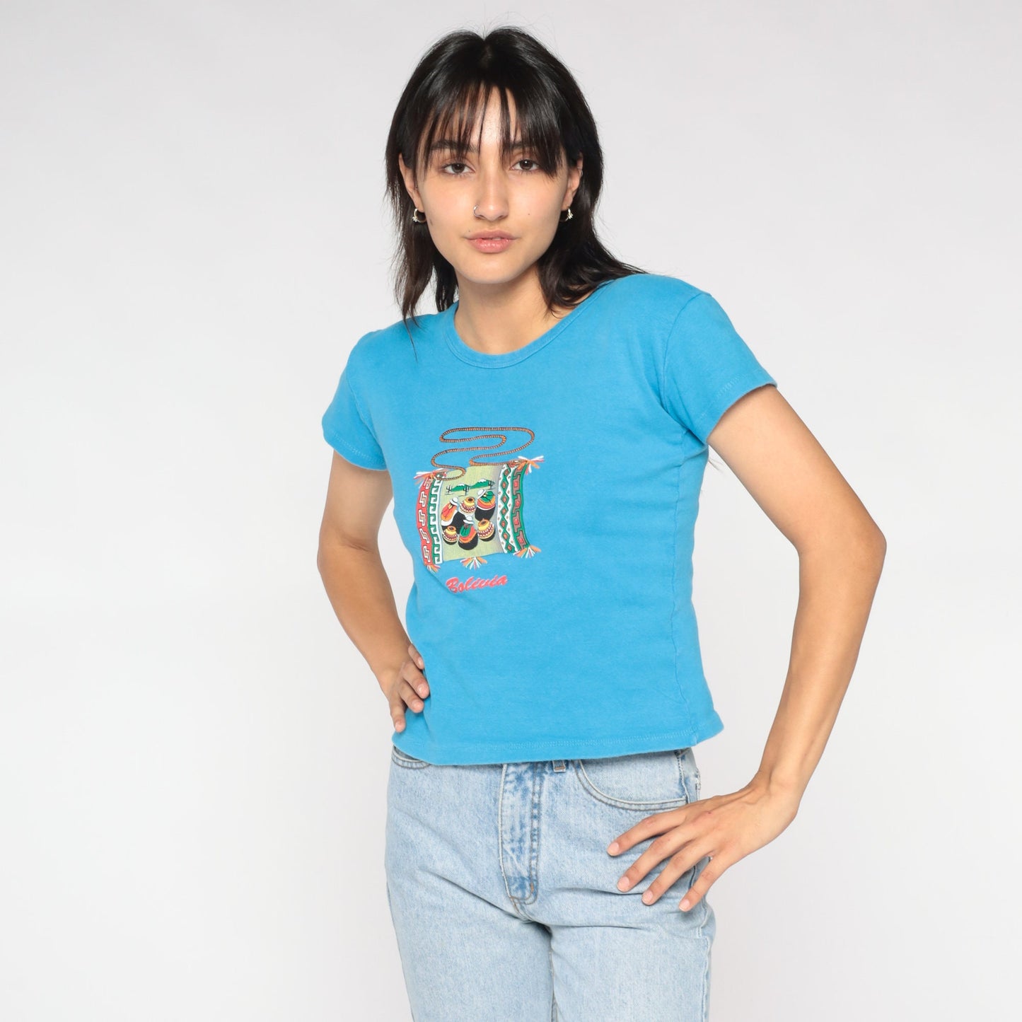 Y2K Bolivia Graphic Baby Tee Blue Bolivian Folk Art Small S