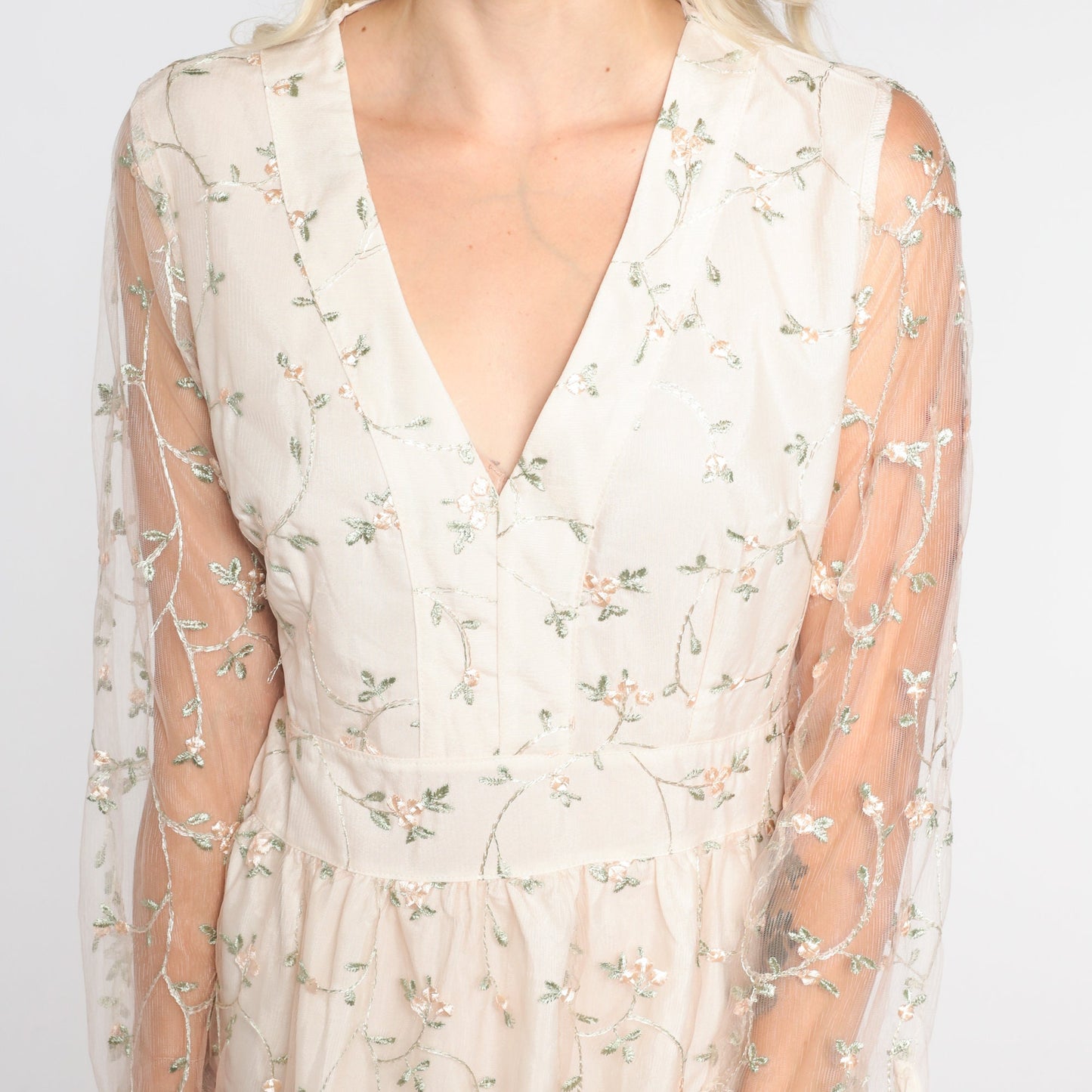 Y2K Floral Embroidered Mini Dress Cream Long Sheer Sleeve V Neck Medium