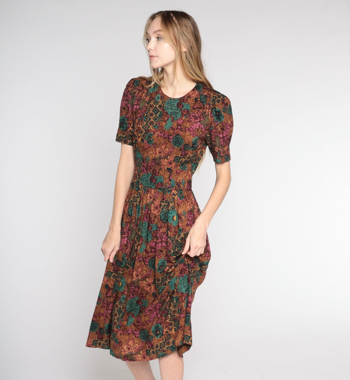 90s Brown Floral Midi Dress High Waist Puff Sleeve Pleated Rayon Small
