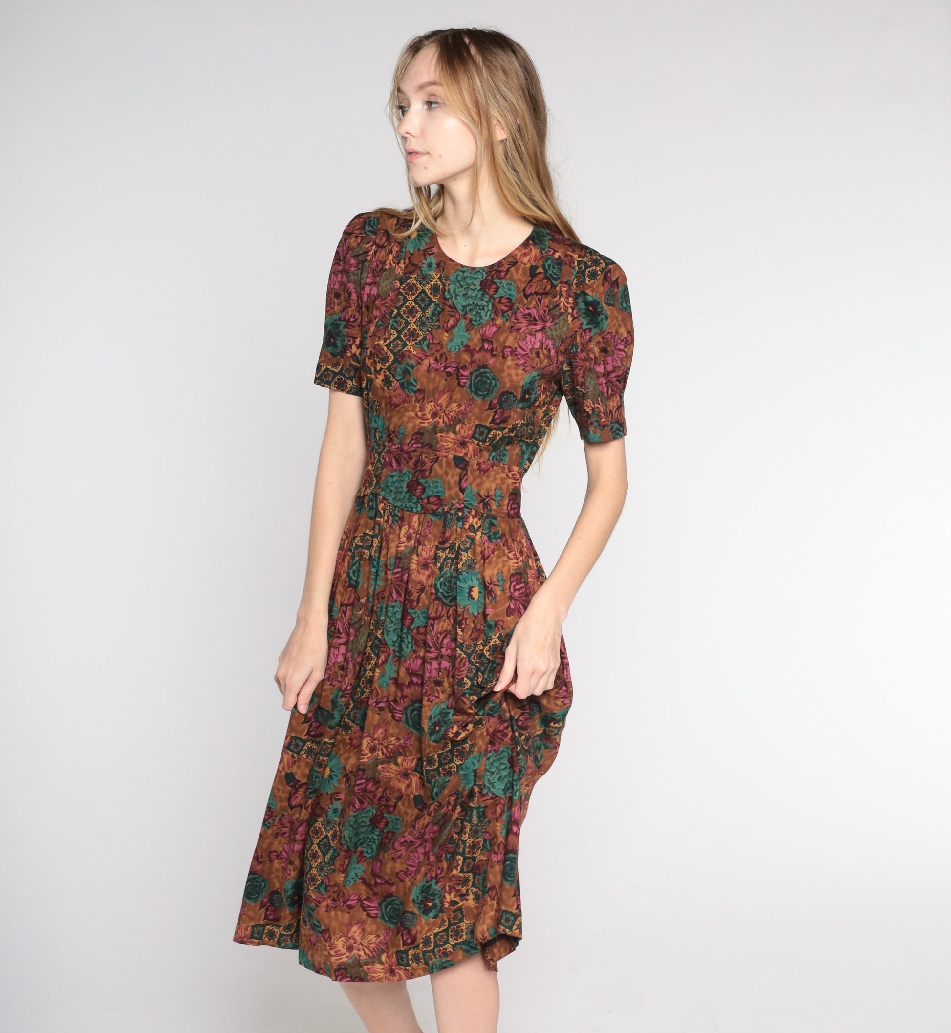 90s Brown Floral Midi Dress High Waist Puff Sleeve Pleated Rayon Small