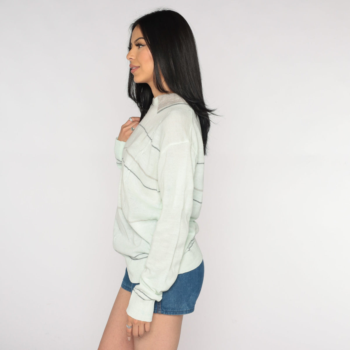 80s Light Green Cable Knit Collared Pullover Sweater Striped Grey Collar Large