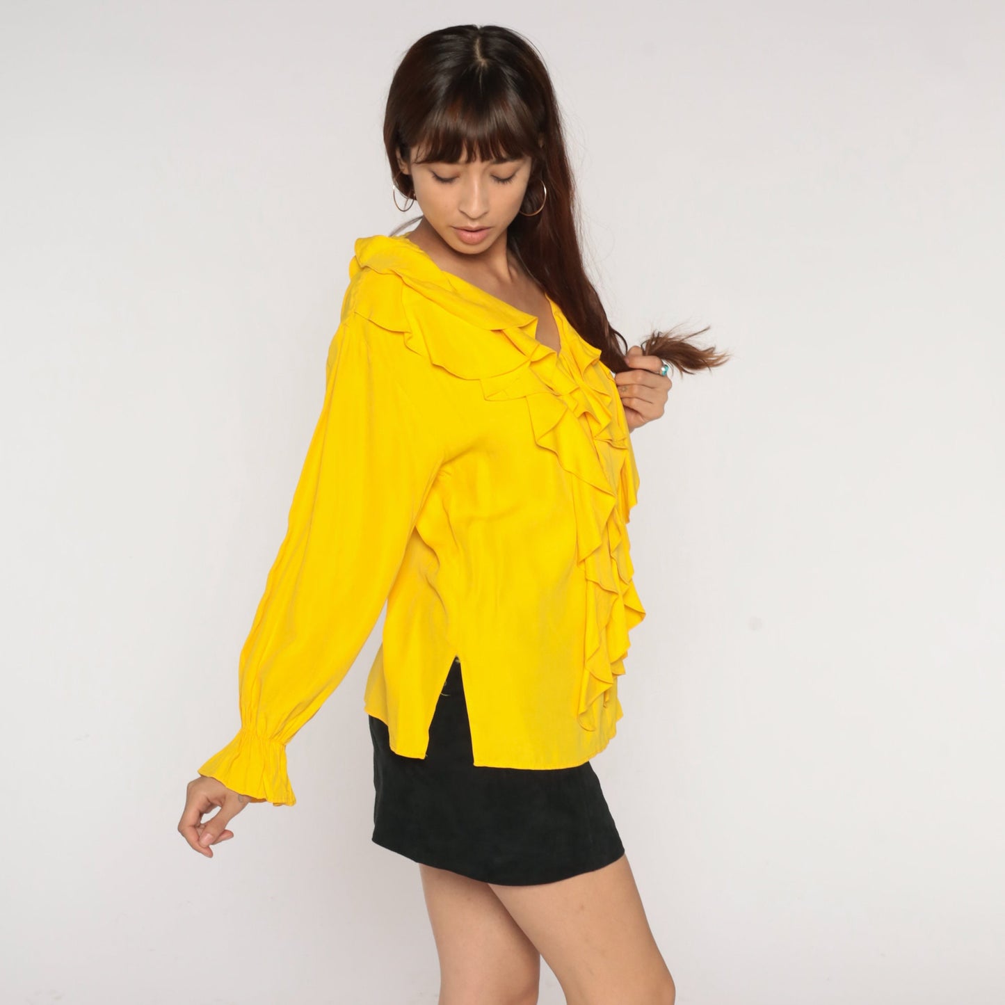 90s Yellow Ruffle Long Sleeve Blouse V Neck Small