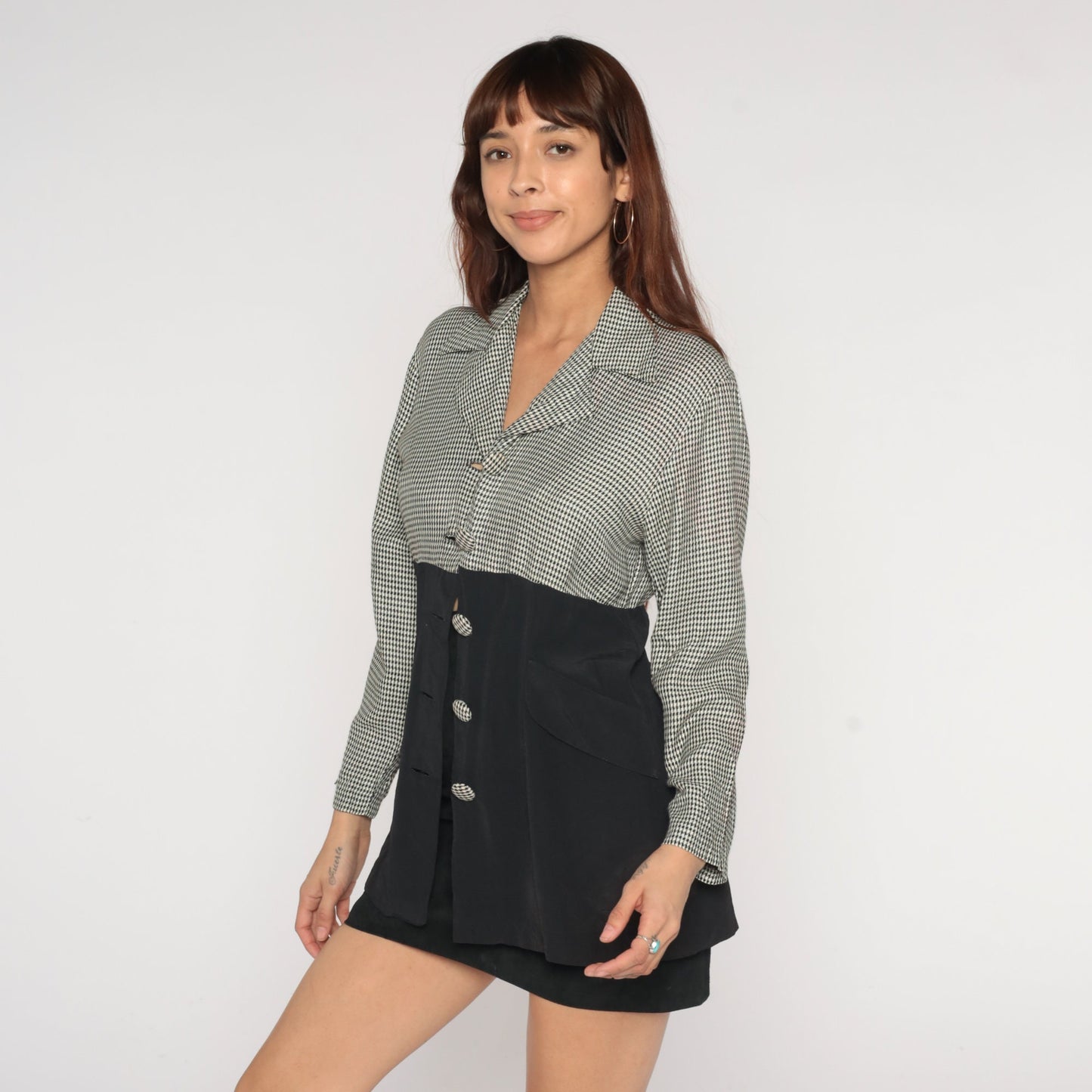 90s Houndstooth Blazer Black White Button-Up Jacket Small S