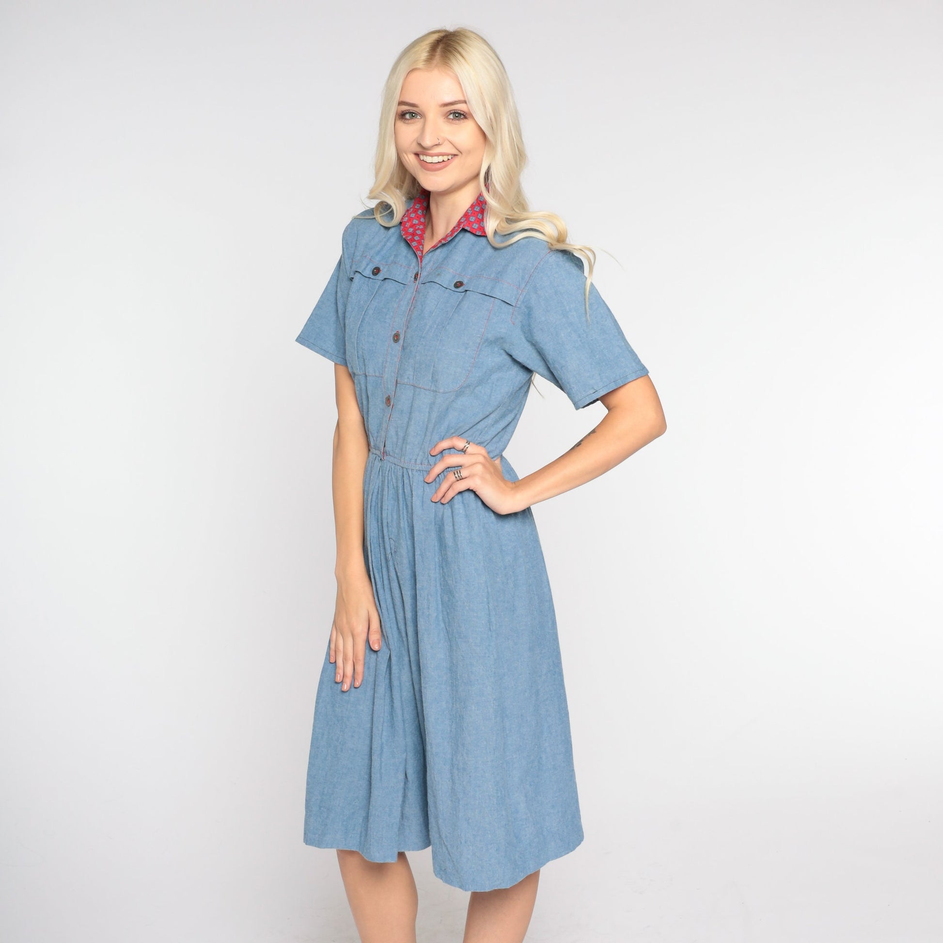 80s Blue Denim Mini Dress Red Collar Button-Up High Waist Small Medium
